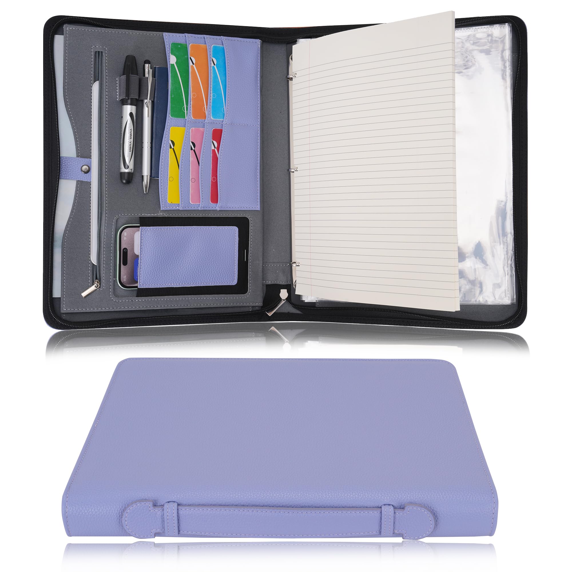 Wonderpool Travel Zippered Portfolio 3 Ring Binder A4 Padfolio Document Case with Removable Clipboard Legal Pad Holder