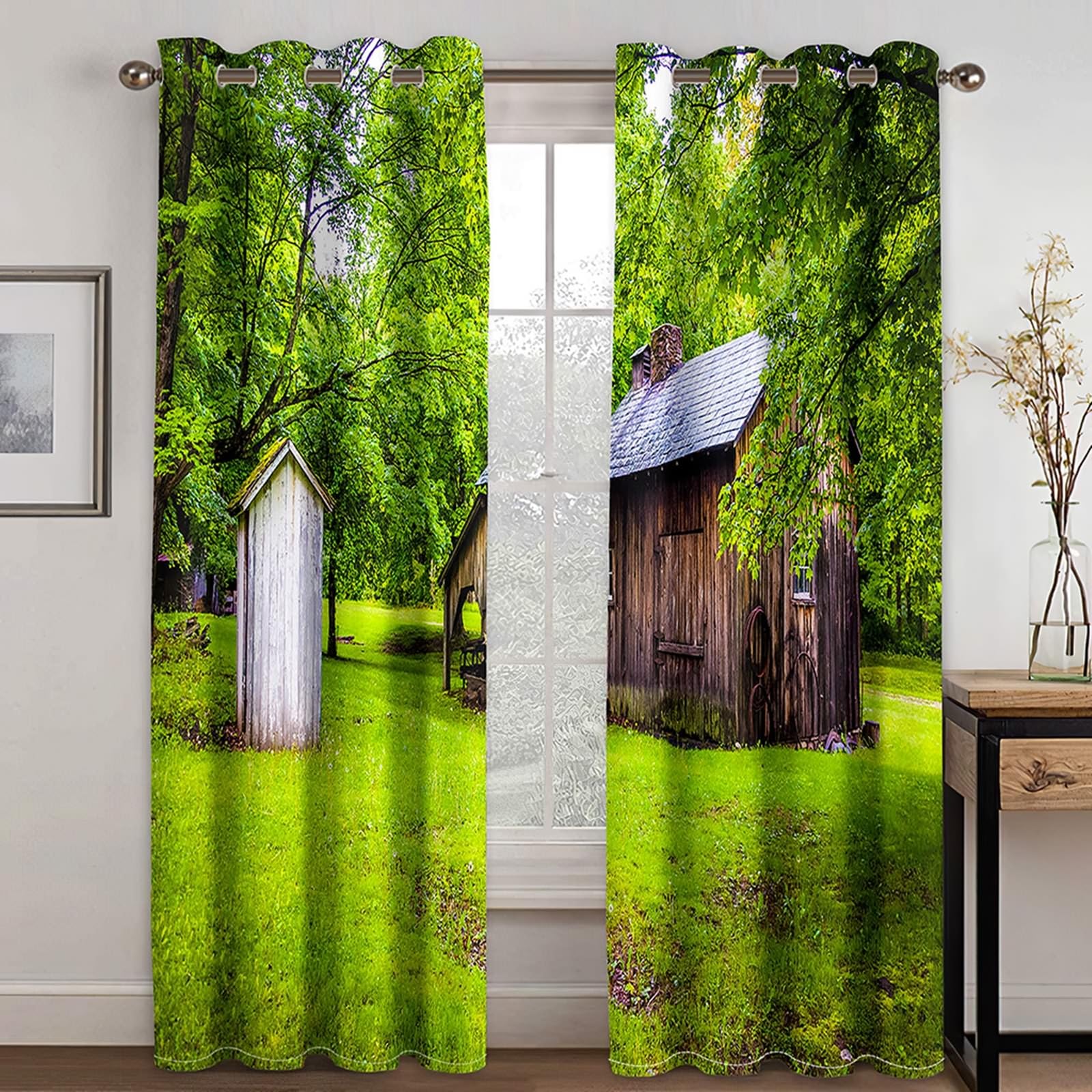 Vorhänge mit Ösen 2er Set, Gardinen Blickdicht Landschaftshaus und Bäume H 214 x B 86 cm Abdunkelnde Verdunklungsvorhänge für Wohnzimmer