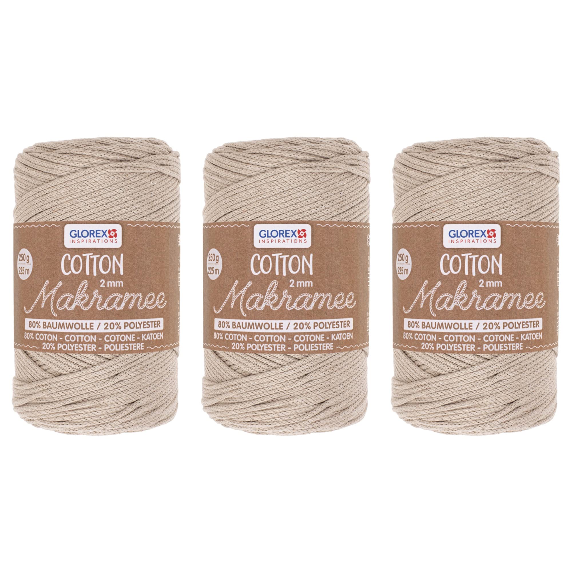 Cuerdas de macramé de algodón Glorex 1008 50 de 2 mm en color tórtola