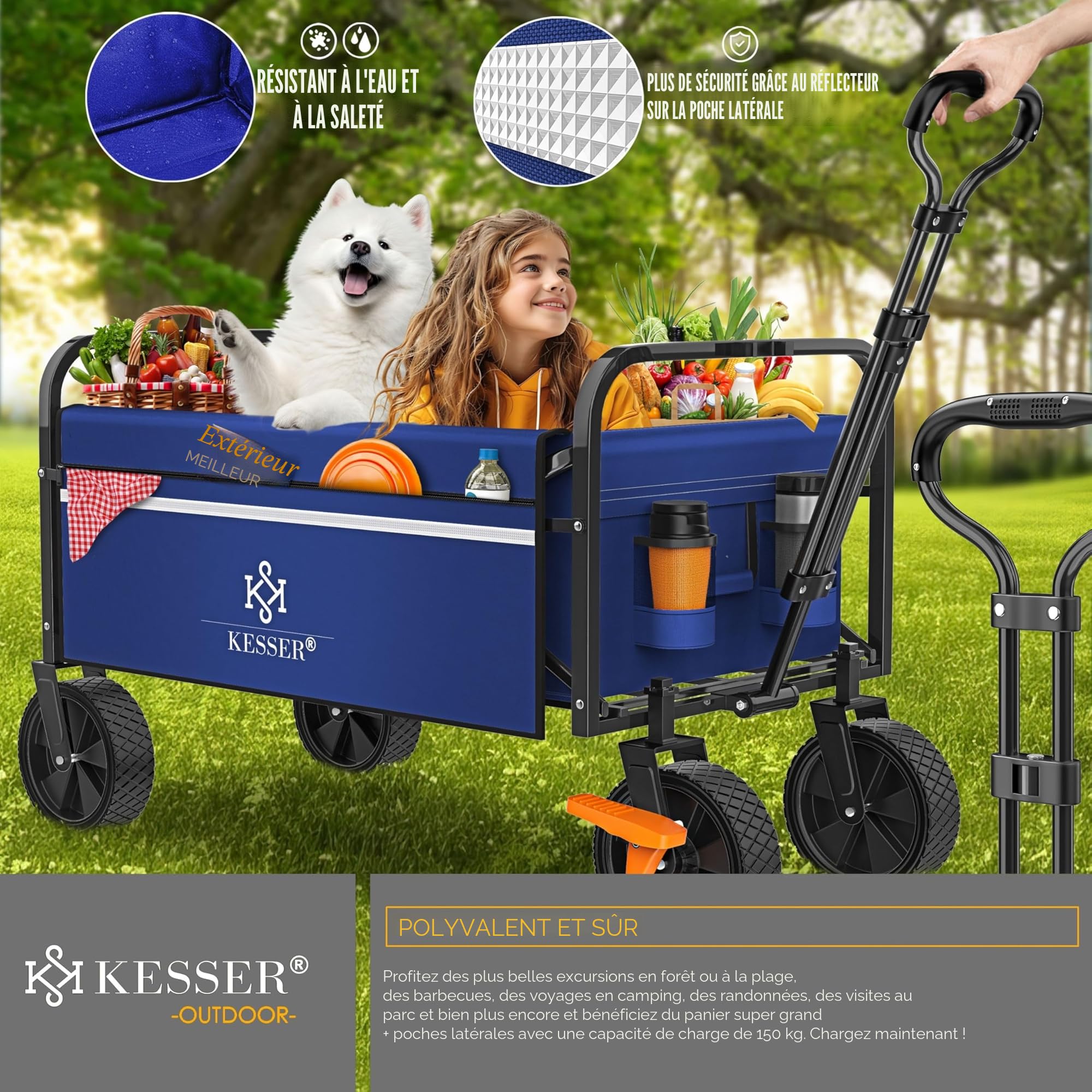KESSER® - Chariot de transport pliable - Avec 2 poches en filet - Pliable - Pneus en caoutchouc plein - Charge maximale de 80 kg -Pour le jardin - Sans toit - Bleu/Noir