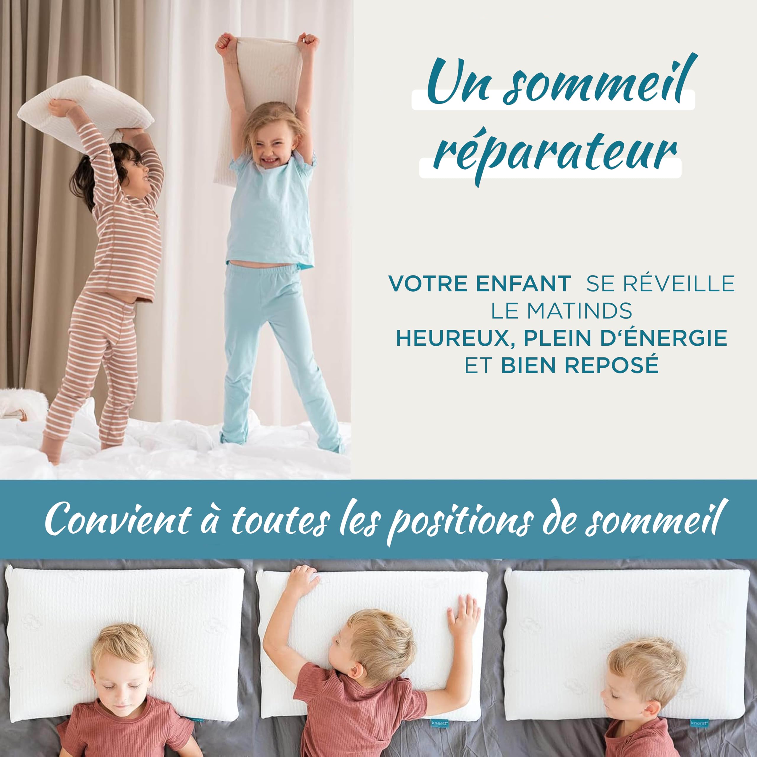 KNERST® Oreiller Enfant 25x50 Mémoire de Forme - Oreiller Bébé et Coussin Enfant Ergonomique Hauteur 6 cm - Oreiller 50x25 Anti Acariens - Idéal 2 3 4 5 6 Ans