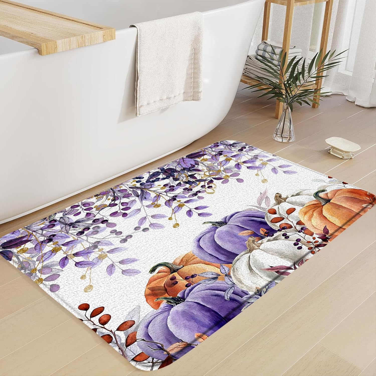 Fall Pumpkin Leaves Bath Mat Thanksgiving Autumn Maple Leaf Harvest Orange Pumpkins Seasonal,Purple 17.8"x29.5" Microfiber Memory Foam Bathroom Kitchen Toilet Floor Decor Mat