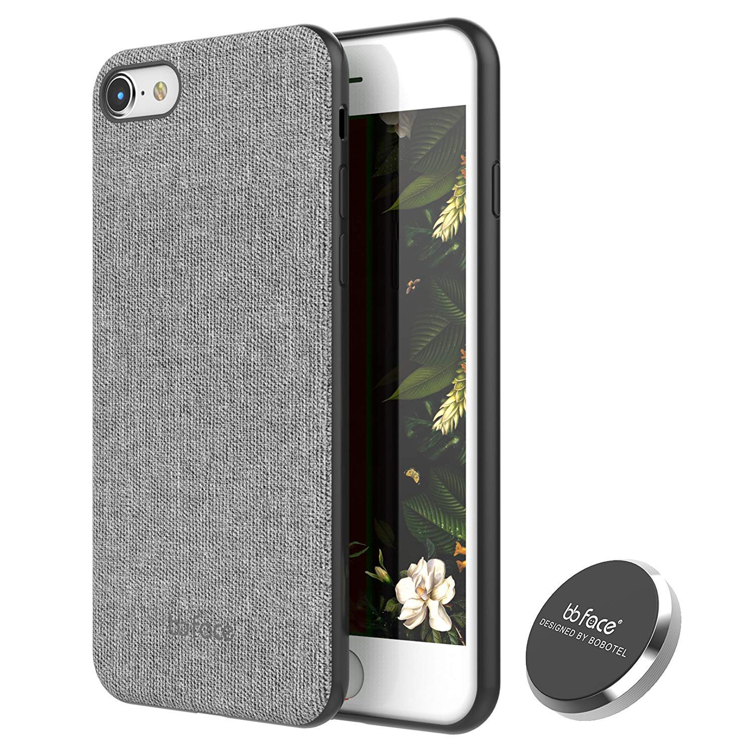 for iPhone 8 Magnetic Case,Fabric Pattern Phone Cover with Magnet Back Shock Absorption Protective Back Cover Car Mount Magnet Case for iPhone 7 / iPhone 8 (Grey)