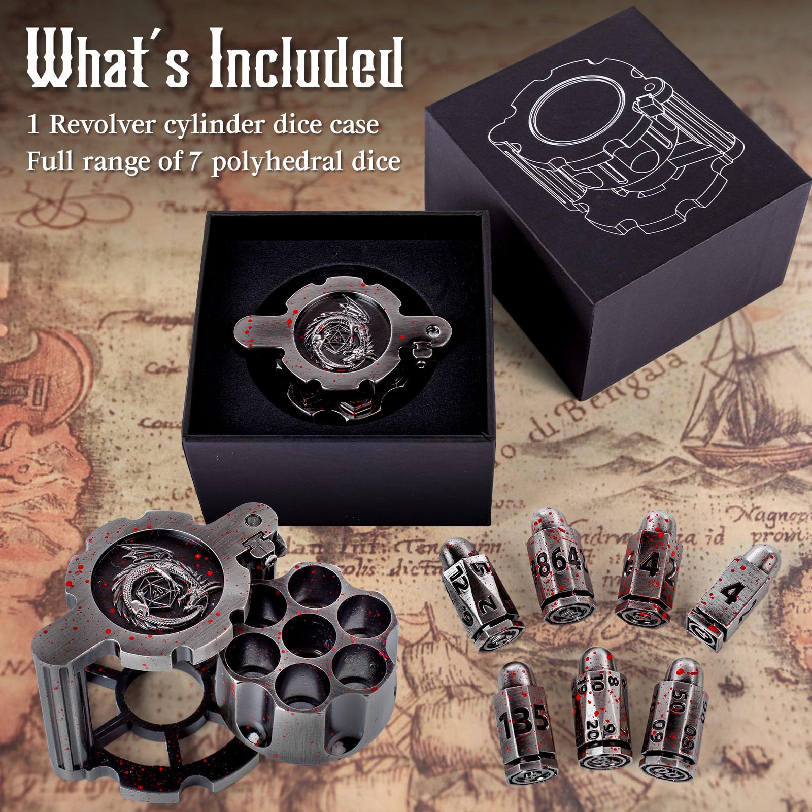 Metal Bullet Dice Set With Spinning Container - 7 Polyhedral D&D Dice For Cyberpunk RPG Games