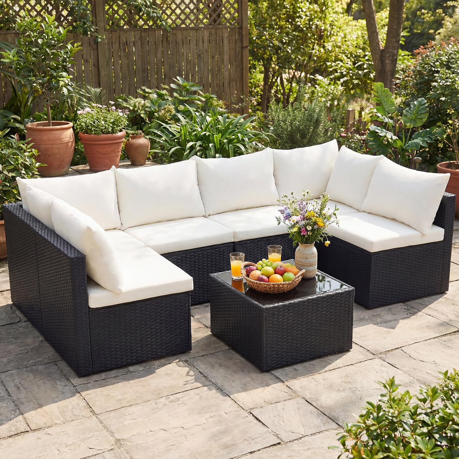 Photo 1 of ****MISSING PARTS, PARTIAL SET****
NEWBULIG 7-Piece Outdoor Patio Sectional Sofa, Weather-Resistant Modular Wicker Rattan Furniture Set with 2.8" Cushions, Tempered Glass Table & Adjustable Feet for Deck, Backyard, Poolside Black