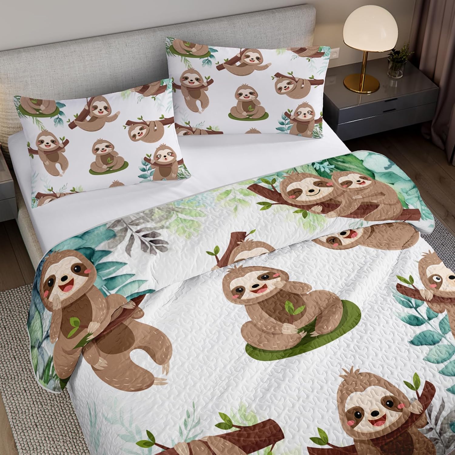 AILONEN Cute Sloth Quilted Bedspread Set Full Size,Cartoon Sloth Lying on The Branch Bedding Bedspread Coverlet Set for Kids Girls,Soft Lightweight,1 Kawaii Animal Bed Cover + 2 Pillowcases,3-Piece