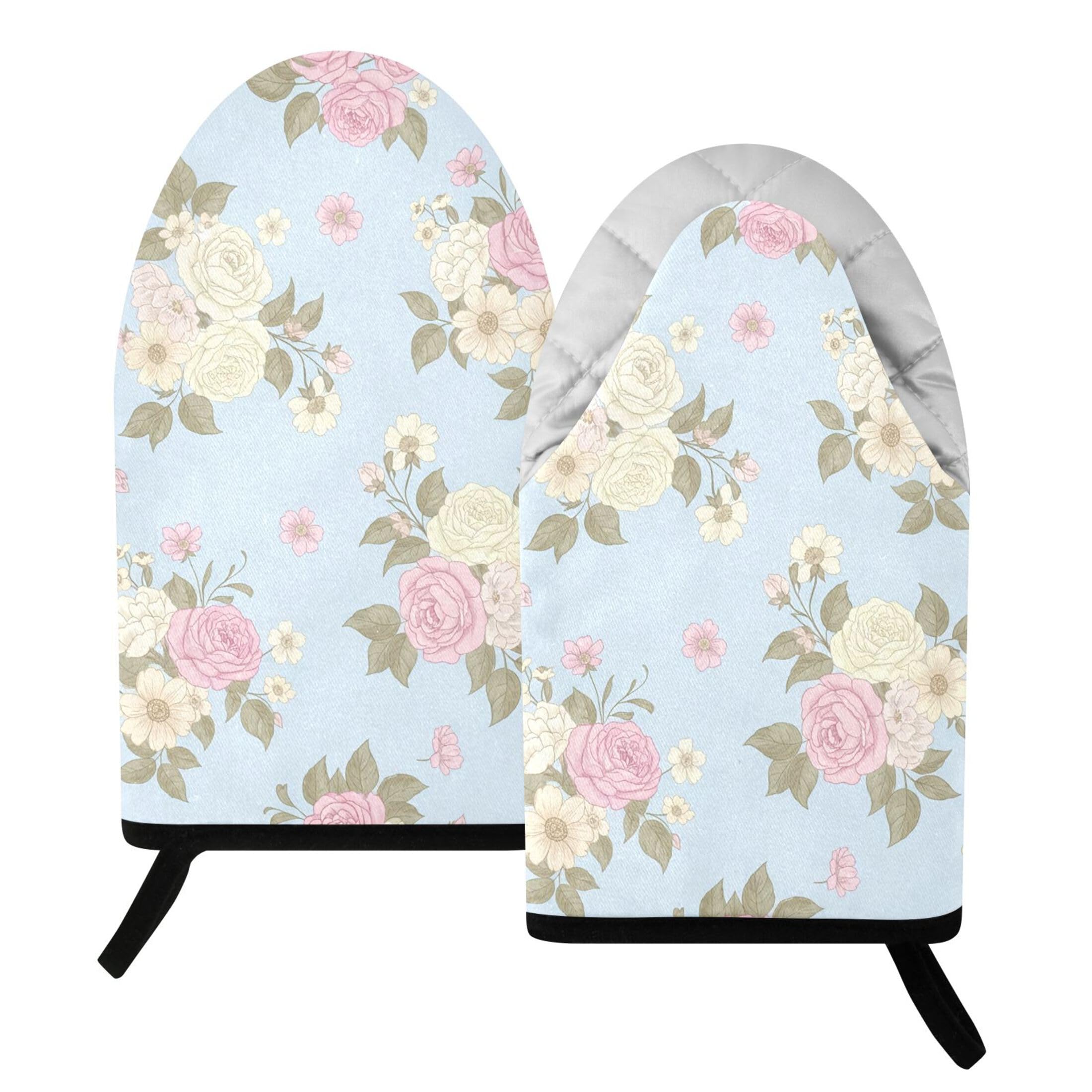Kutsu Floral Oven Mitts for Kitchen, Heat Resistant Cotton Oven Gloves for BBQ Baking Cooking, Breathable Kitchen Essentials, 2 pcs