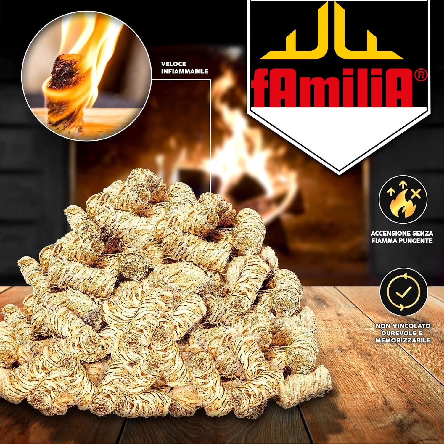 Accendifuoco a Ricciolo Naturale Familia Forni per Pizzeria ,Lana di Legno e Cera Naturale, Ecologico Inodore, 20pz(12, Accendifuoco a Ricciolo)
