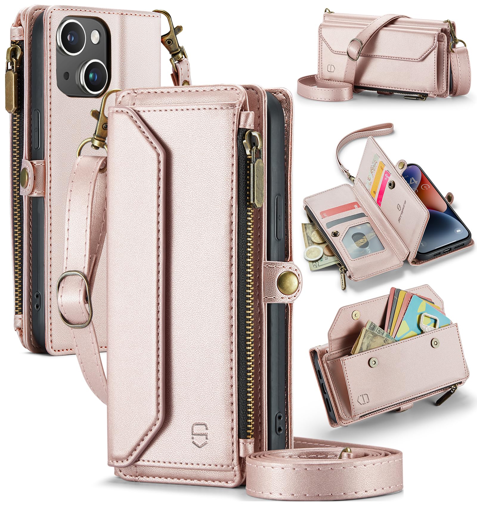 Strapurs Wallet Case Compatible with iPhone 14 RFID Blocking 7-Card Holder Soft PU Leather Magnetic Snap Shoulder Strap Zipper Pocket Phone Case Fit