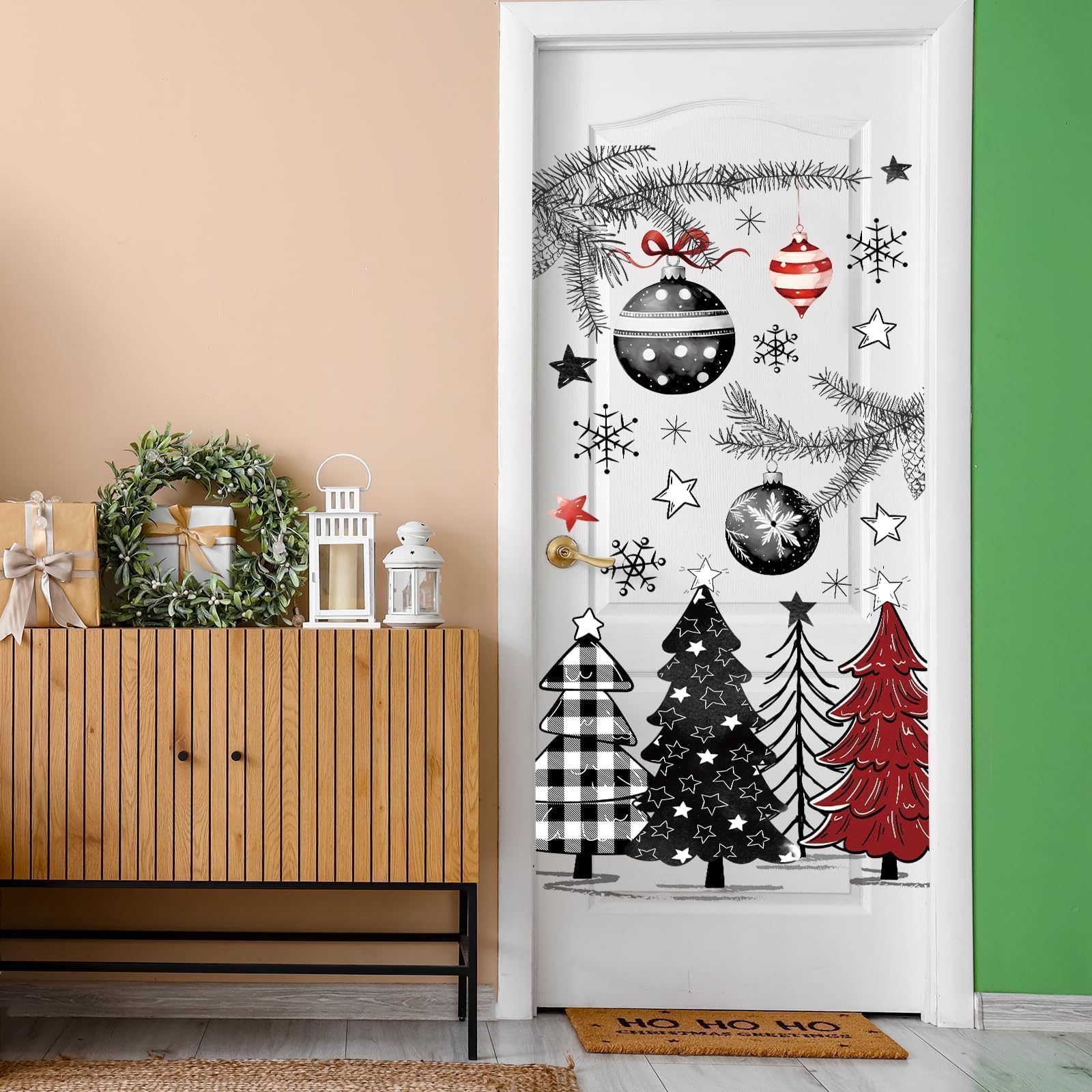 Frohe Weihnachten Türaufkleber Rot und Schwarz Büffel Plaid Weihnachtsbaum Schneeflocken Türaufkleber DIY Weihnachtsbaum Türaufkleber Wandbild Abziehbilder für Weihnachten Winter Home Tür Wand