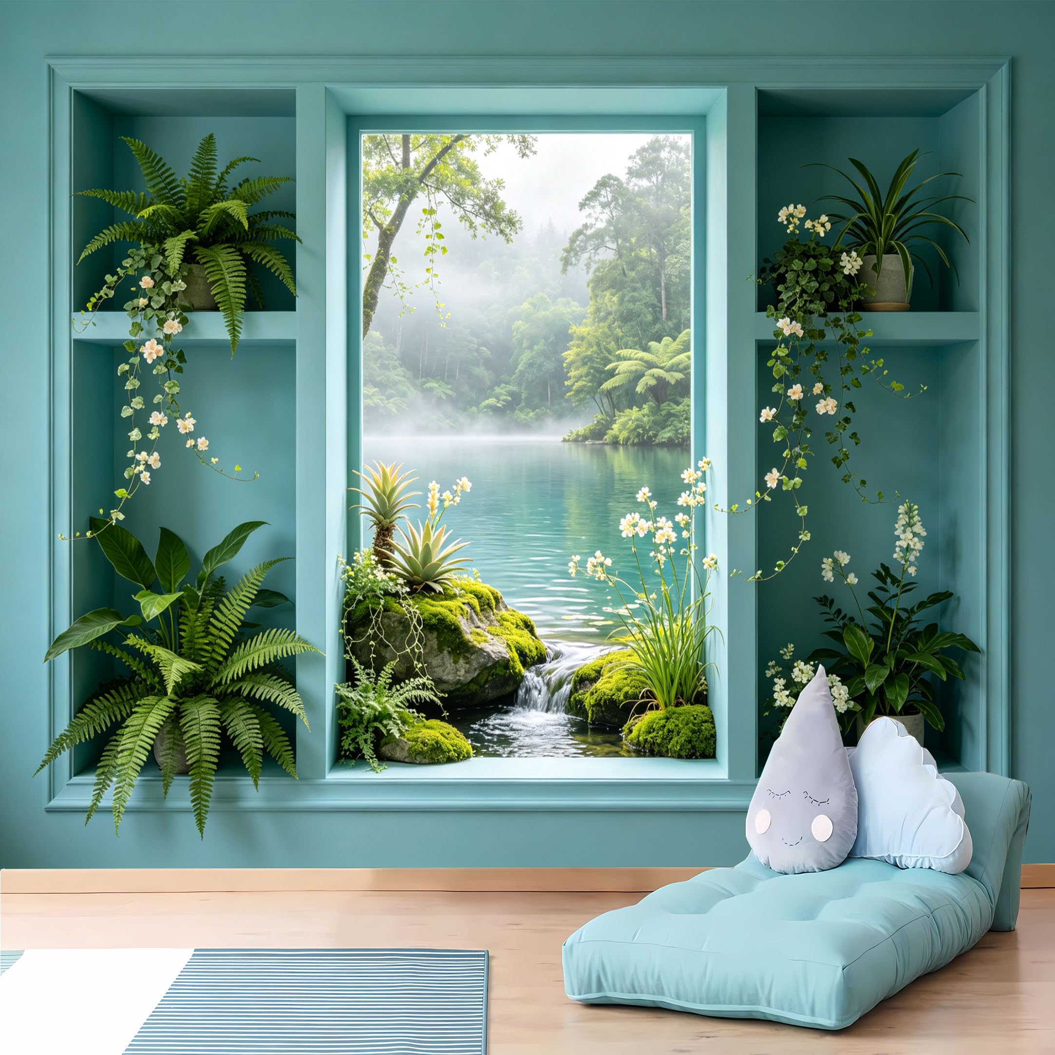 Custom Size Wall Murals,Misty Lake Forest View from Teal Window Wall Murals,Wall Stickers,Self-Adhesive Removable Wallpaper for Living Room