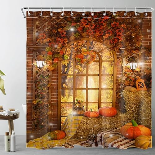 ECOTOB Cortina de ducha de cosecha de otoño, cortina de ducha de calabaza y hojas de arce de Acción de Gracias, juego de cortina de baño rústico