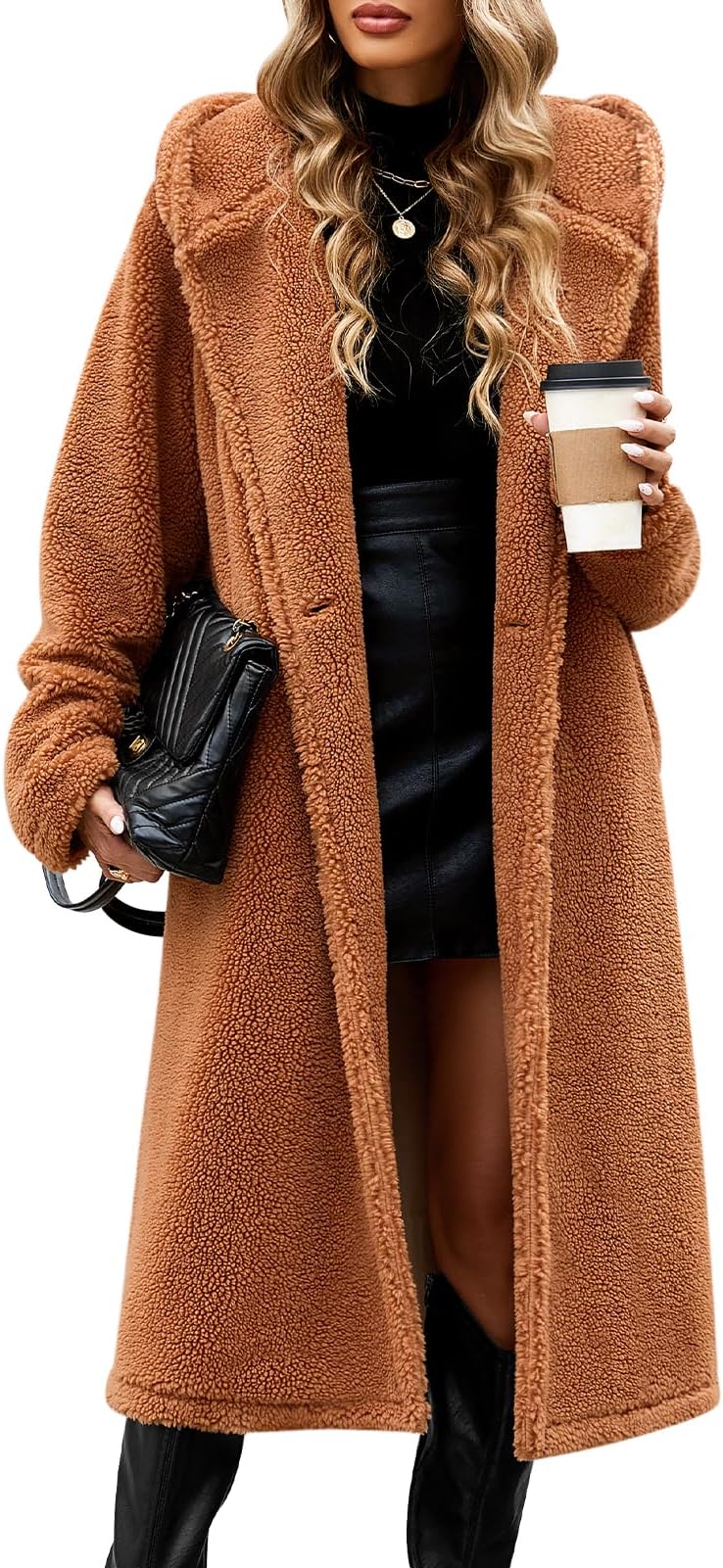 HEEKPEKWomen Winter Fuzzy Fleece Lapel Coats Long Cardigan Fluffy Hooded Jackets Faux Fur Warm Overcoats with Pockets Button
