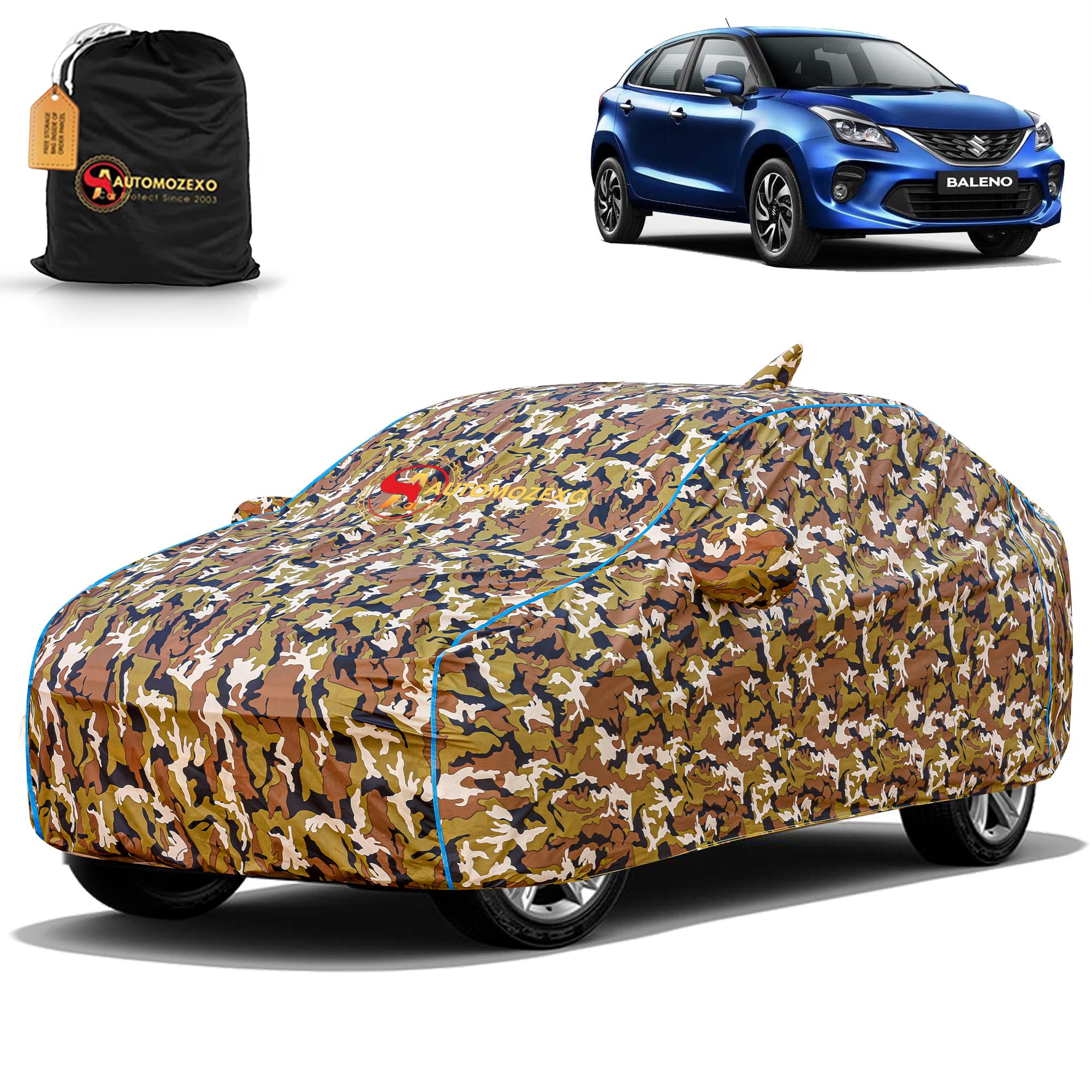 Maruti Suzuki Baleno 100% Waterproof Car Cover for All Weather Protection with Mirror & Antena Pocket Inner Cotton Triple Stitched Adjustable Belt Bottom Elastic Cover to Secure Fit -Jungle