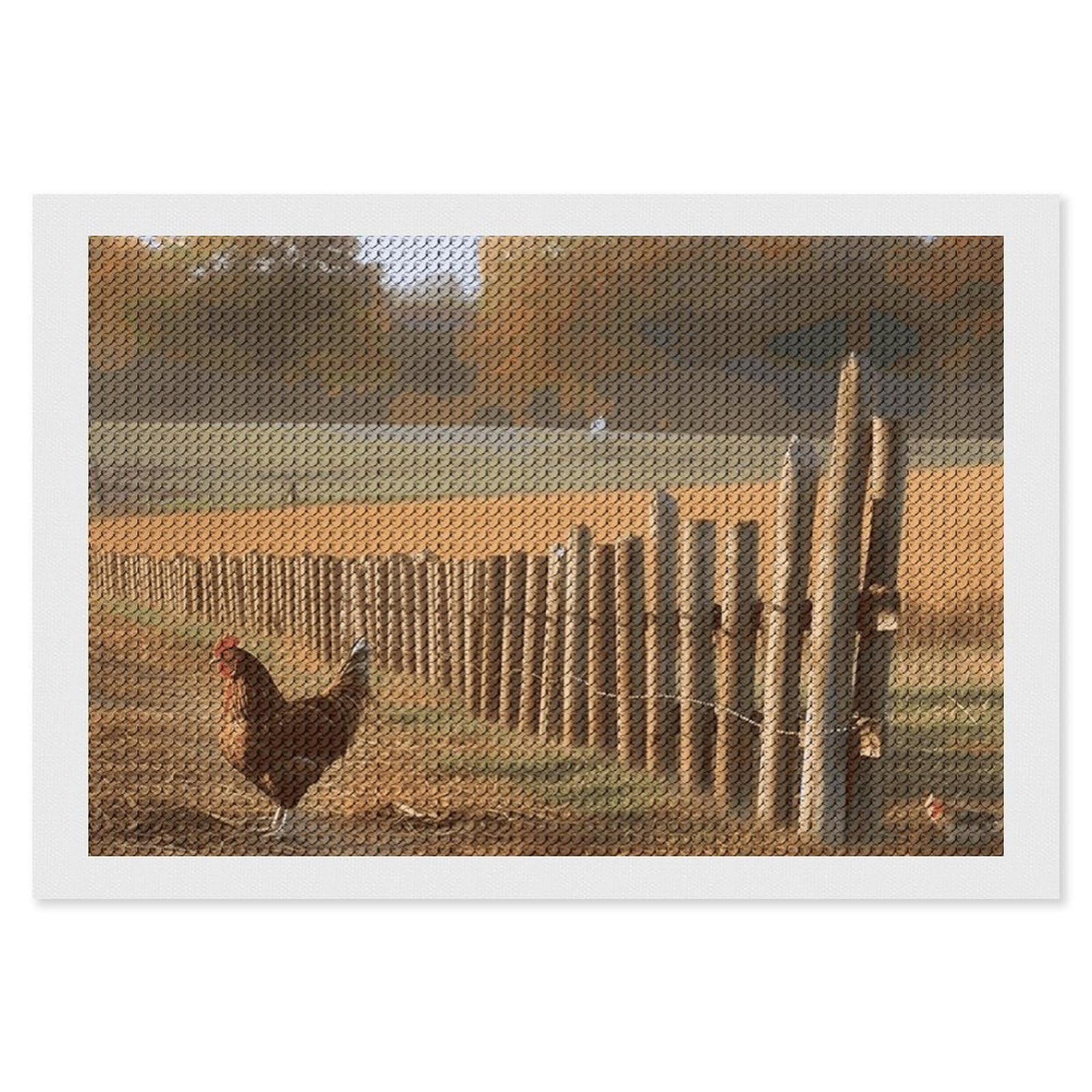 Chicken Wood Stake Farmland Diamond Art Kits for Adults, DIY 5D Diamonds Painting Kits for Beginner, Round Full Drill Diamond Dots Painting, 8"x12" Diamonds Pictures Gem Art and Crafts Wall Decor