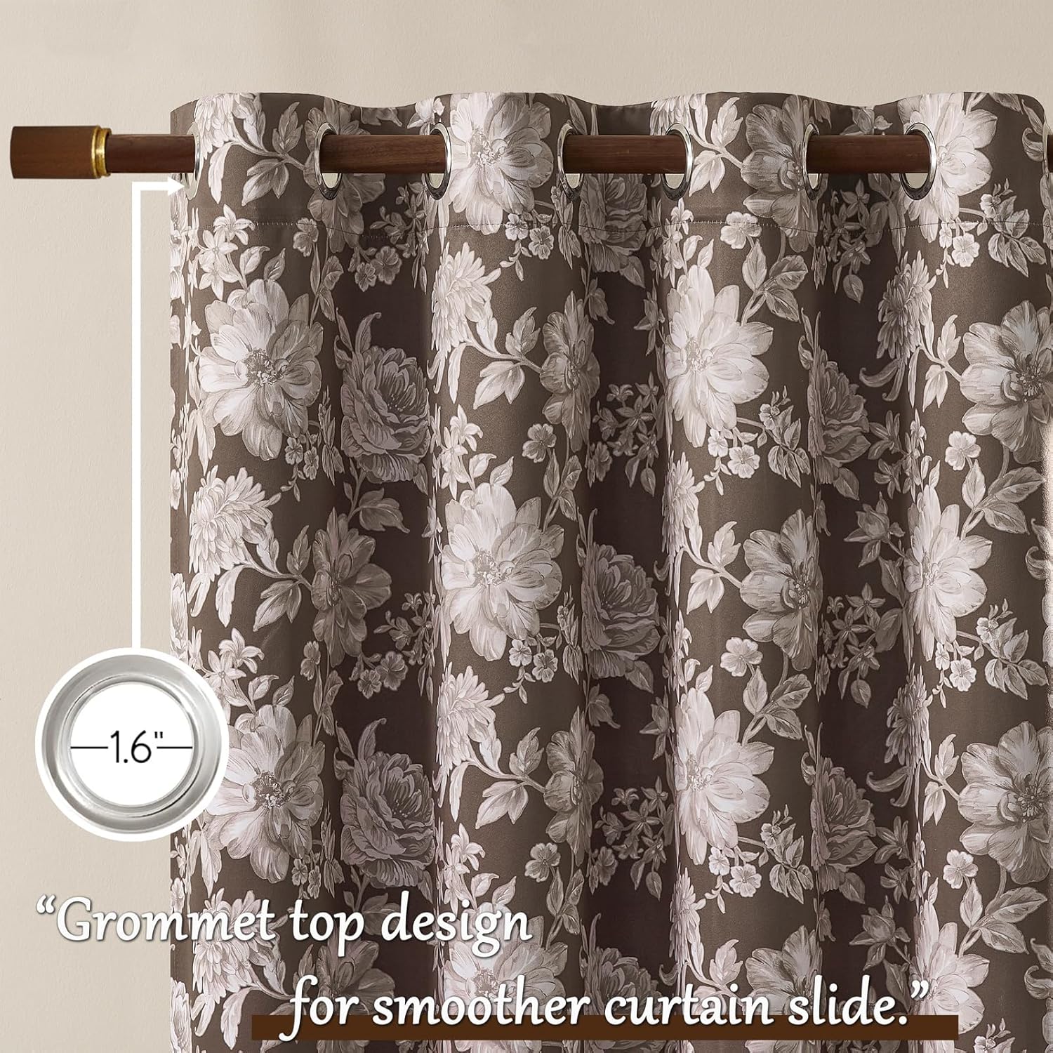 Brown Floral Curtains 63 Inch Length 2 Panels for Bedroom Reversible Pattern Grommet Room Darkening Flower Curtains for Cottage Farmhouse Decor Thermal Insulated Noise Reduction Window Drapes, 52x63