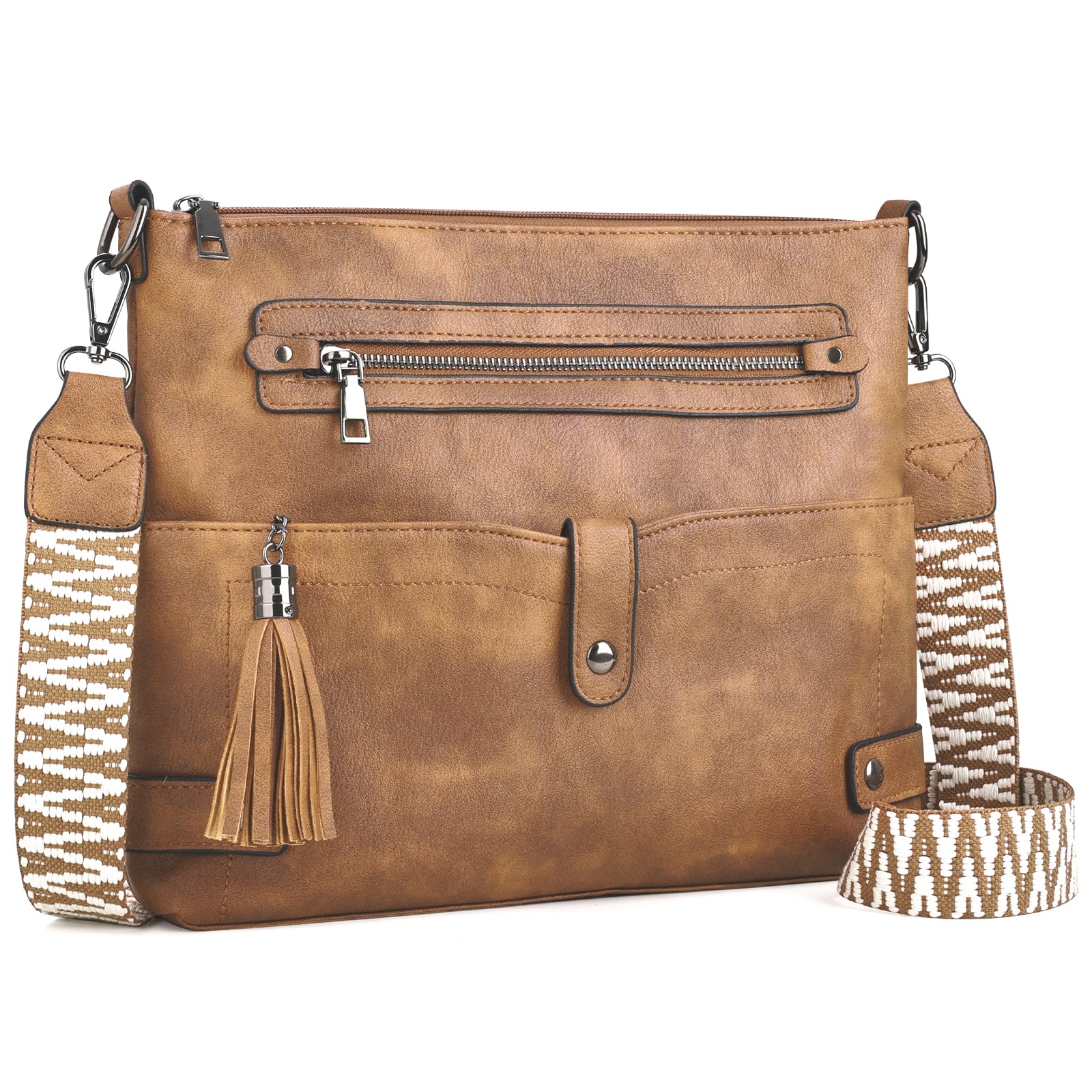 Bolsos Bandolera Mediano para Mujer, Bolso Cruzado de Diseño en Piel Vegana con Borla y Correa Ancha de Estilo Boho, Bolso de Hombro de Moda con Múltiples Bolsillos