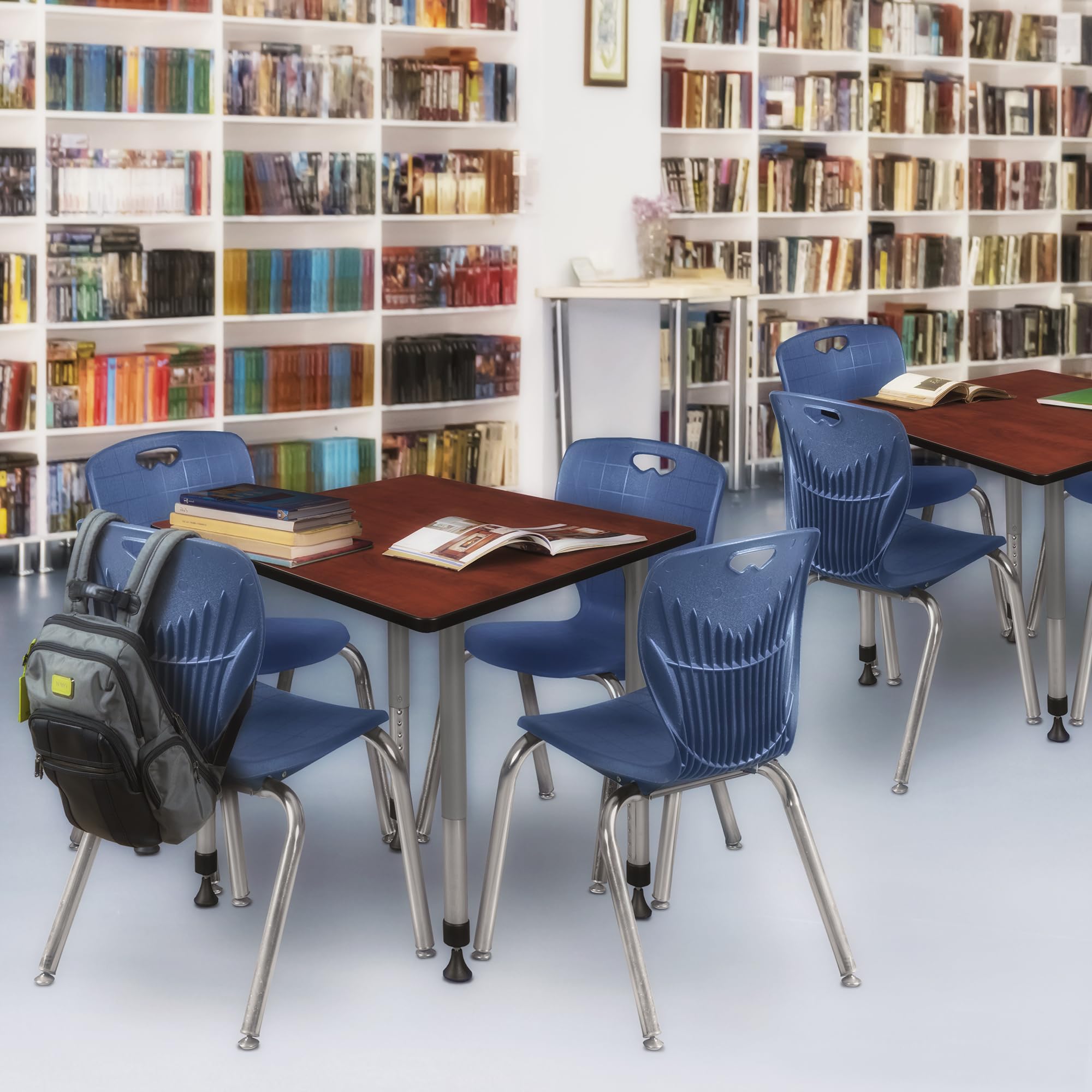 Romig Kee Square Classroom Activity Table & Chairs Height adjustable1, 30 x 30, Cherry|Chrome|Grey|Navy Blue