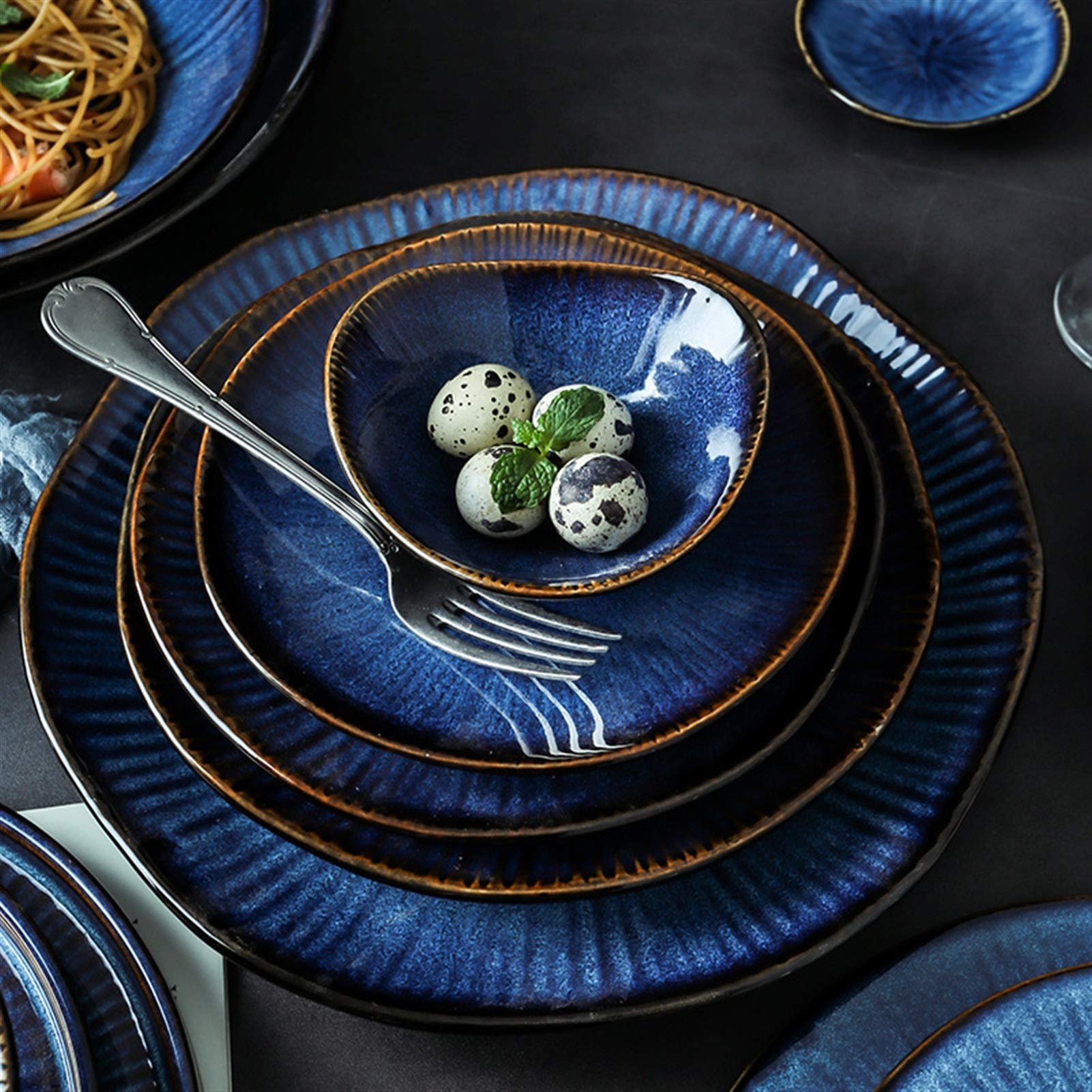 Liudan Speiseteller Nordic Glaze Blaue Farbe Keramik Geschirr Home Flache Platte Tiefe Steak Dish Frühstück Abendteller Großer Schleife Essteller (Color : N)