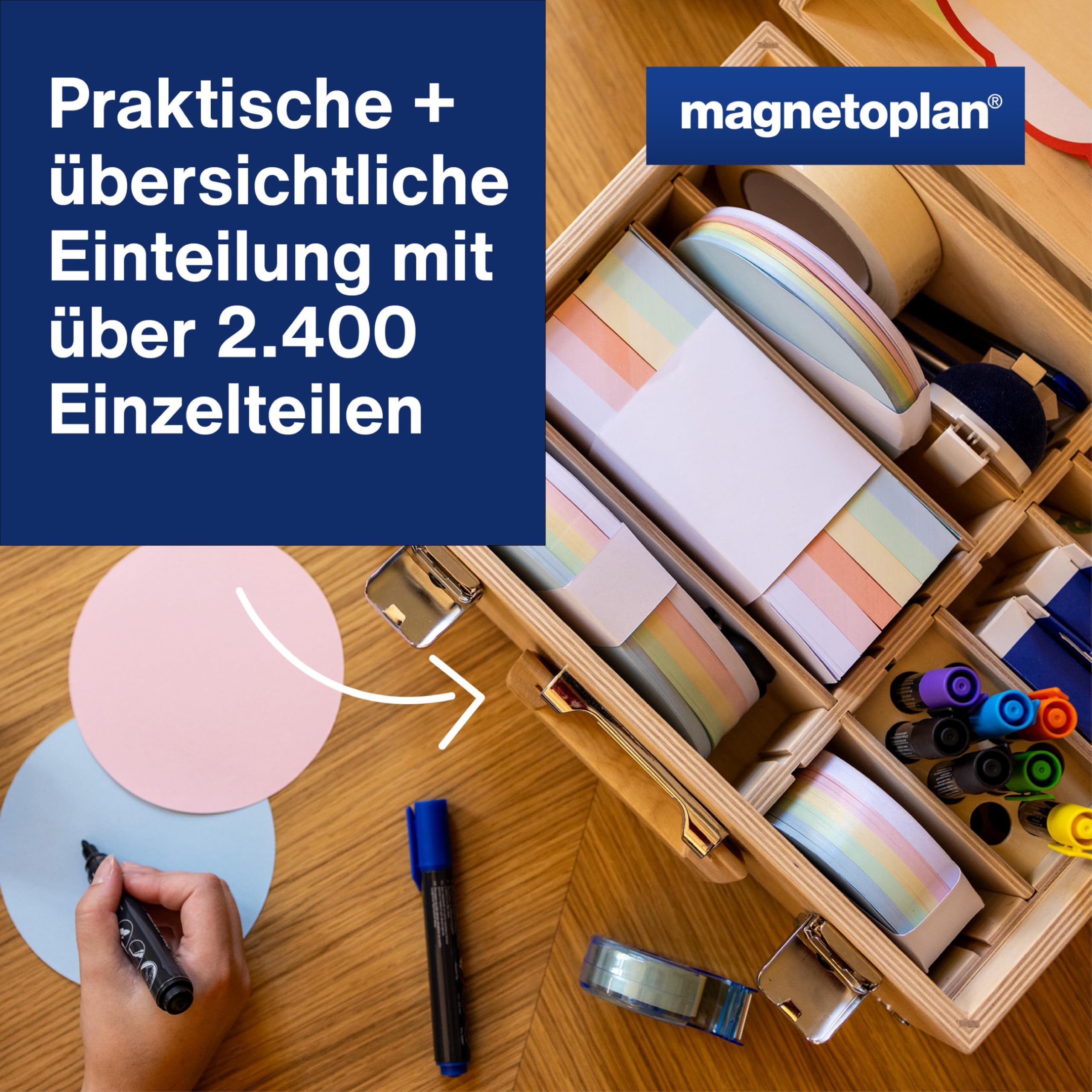 magnetoplan Moderatorenkoffer Wood Series | BxHxT 360x270x170 mm | Aus FSC-zertifiziertem Birkenholz | Mit 2400 Einzelteilen wie Whiteboard Stifte + Moderationskarten für Büro + Präsentation