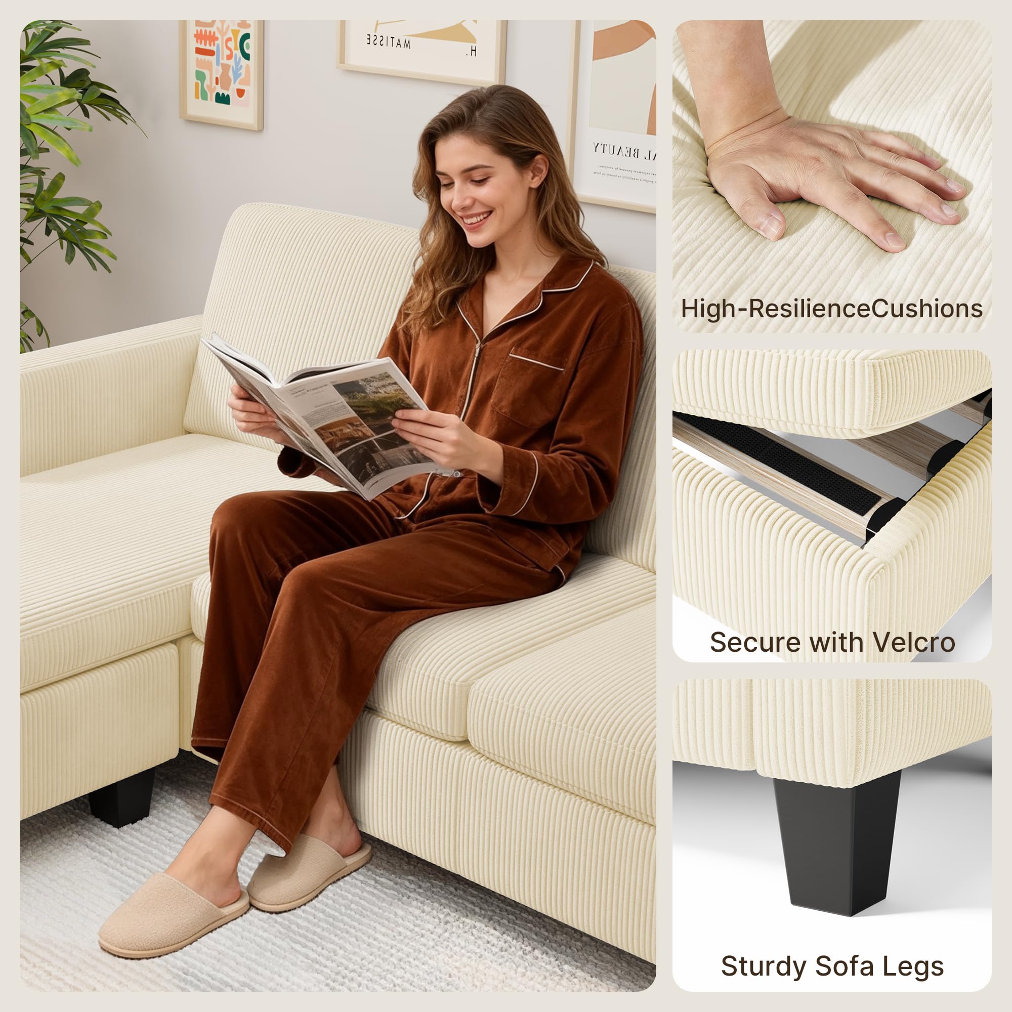 Xbro Divano angolare 3 posti a L con chaise longue fissa, imbottitura in spugna ad alta resilienza, tessuto in cotone e lino traspirante per soggiorno moderno, Giallo beige
