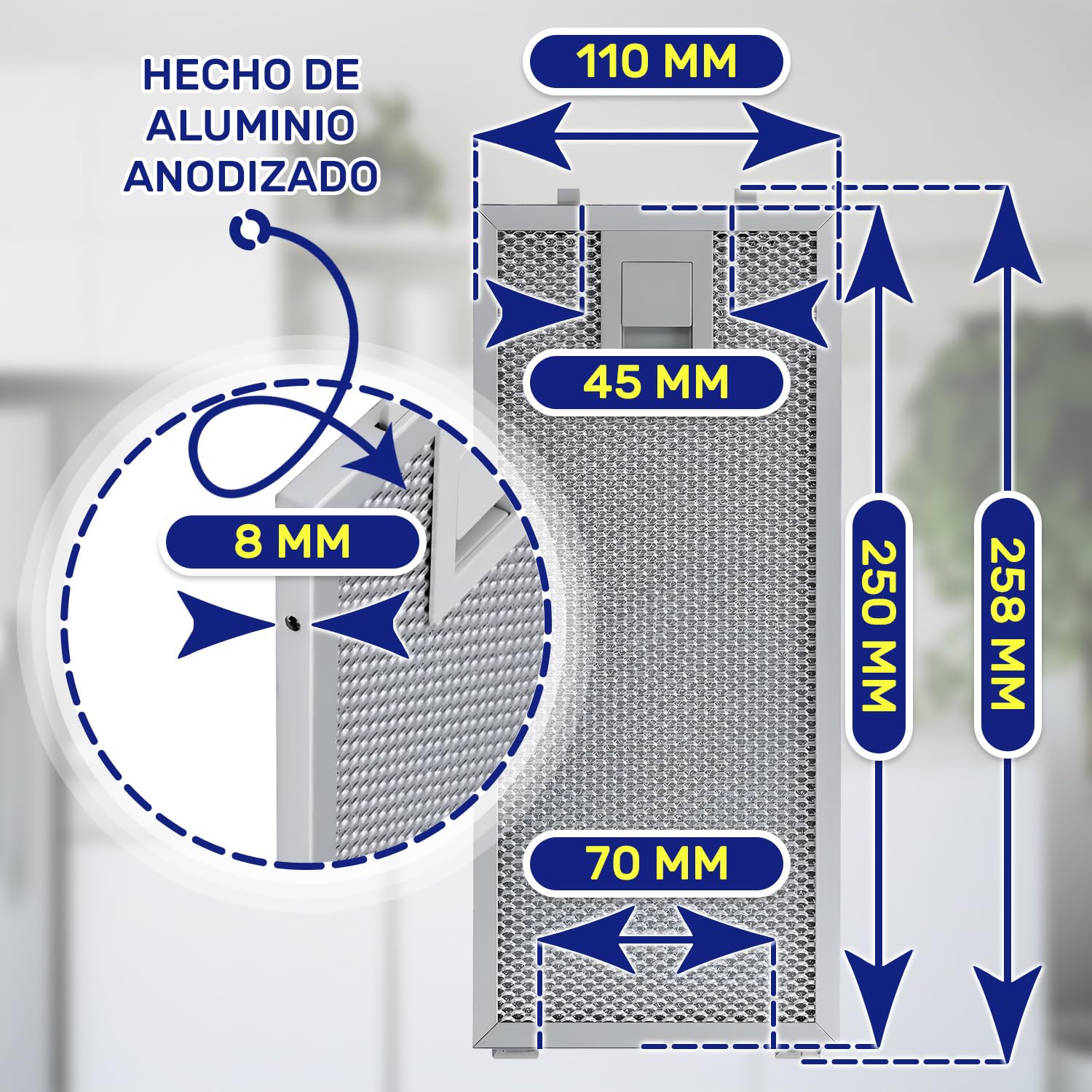 Aluminio Filtro Rejilla de Grasa para Campana Extractora 250 x 110 x 8 mm con Código Original 11022470 11018426 para Bosch para Balay para Siemens para Neff - Garantía de 10 Años - MONTERAL