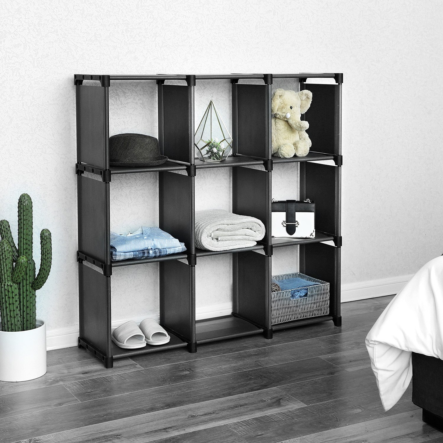 SONGMICS Aufbewahrungsregal mit 9 Fächern, offener Aufbewahrungsschrank, Bücherregal, Organizer für Wohnzimmer, Schwarz LSN45BK