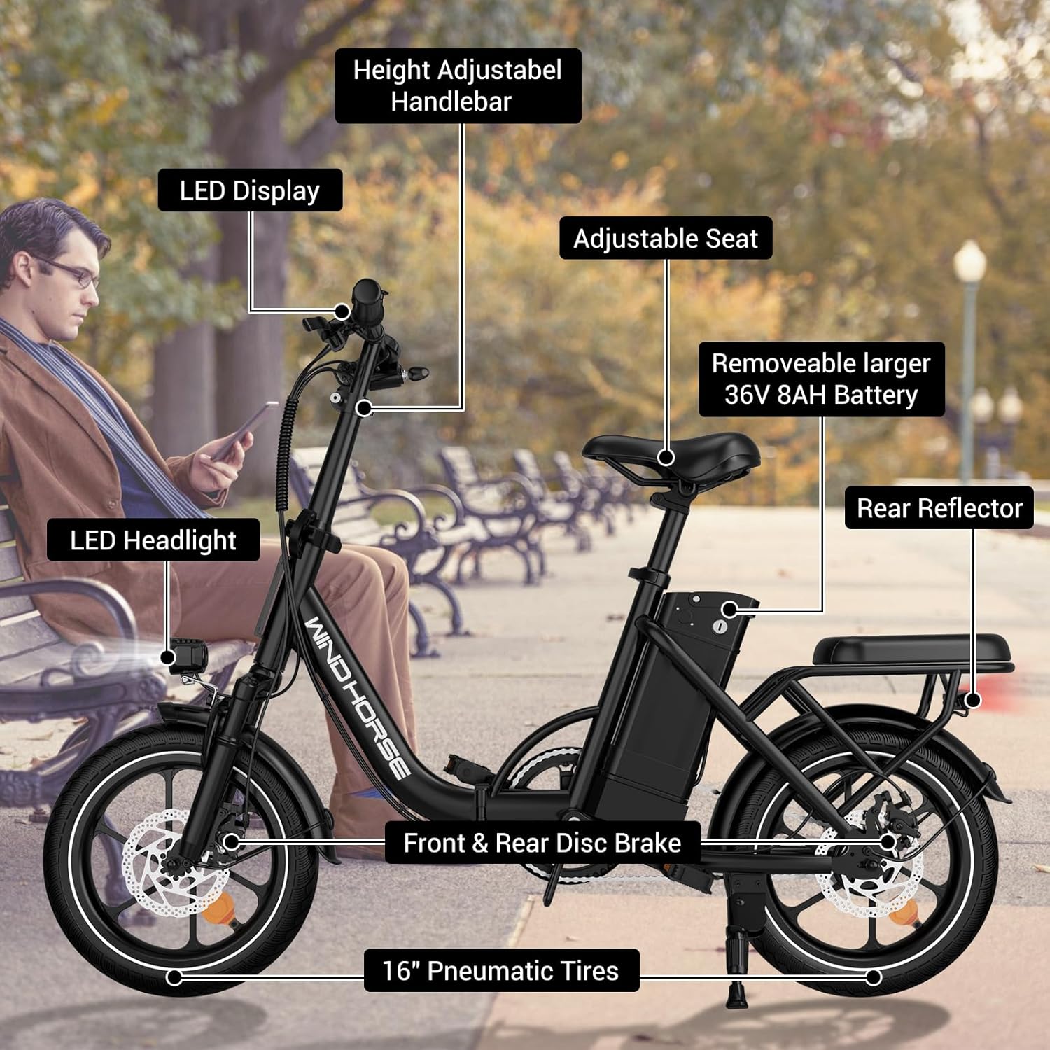 RIDWIND 16" Folding Electric Bike Adults, Peak 630W Adult Electric Bicycles, Up to 25 MPH and 35 Miles Foldable Ebikes, Electric Bike for Teens with 36V 8Ah Removable Battery, UL2849 Certificate