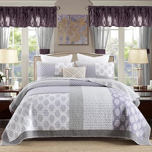 Y-PLWOMEN Edredón tamaño King, 100% algodón, ligero, suave, tamaño King, colcha acolchada, color morado, gris, blanco, juego de ropa de cama Y-PLWOMEN Edredón tamaño King, 100% algodón, ligero, suave, tamaño King, colcha acolchada, color morado, gris, blanco, juego de ropa de cama