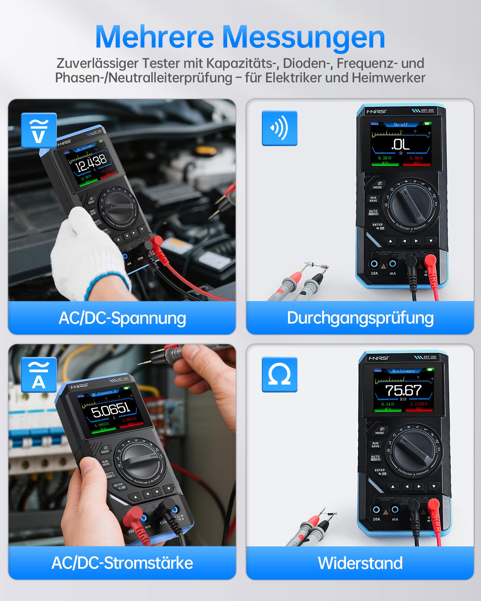 FNIRSI DST-210 Handoszilloskop, 10MHz Bandbreite, 19999 Zählimpulse, Digitales Oszilloskop,Multimeter, DDS-Generator 3-in-1, 48MS/s Abtastrate, AC/DC-Spannungsstrom, Kondensator, Widerstand, Diode