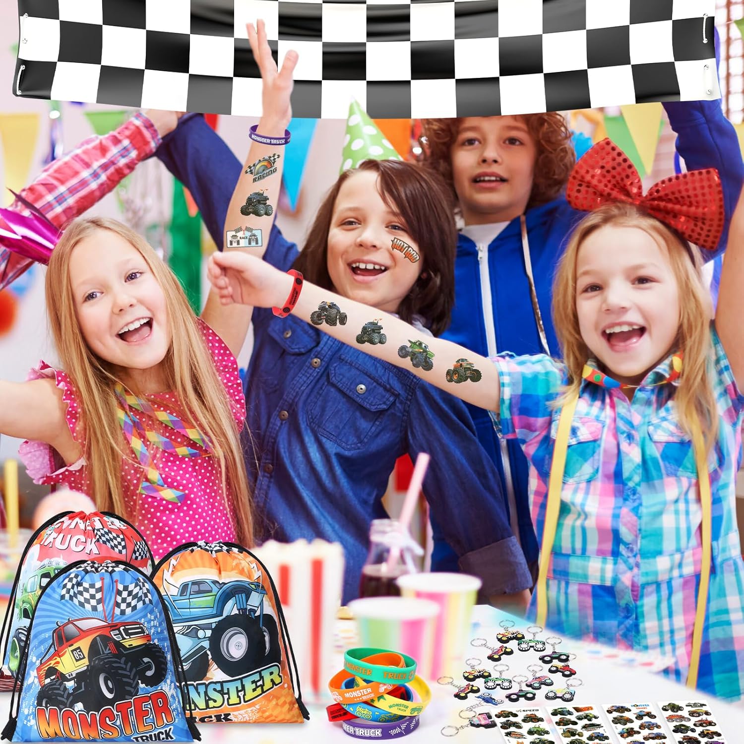 Monster Truck Party Favors Birthday Supplies for Boys Kids, Drawstring Bag Silicone Bracelet Keychain Tattoo Sticker Pinata Goodie Bag Stuffers Monster Truck Birthday Party Supplies Decor - Image 7