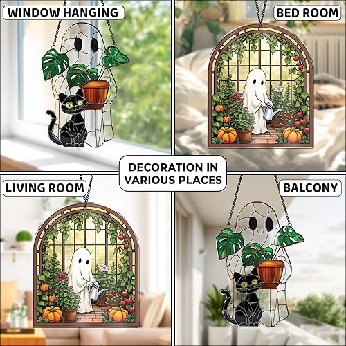 Miniatura 5 de 2 bonitos atrapasoles de decoración de Halloween, espeluznantes lindos fantasmas colgantes de ventana, fantasma con gato negro, adornos de calabaza