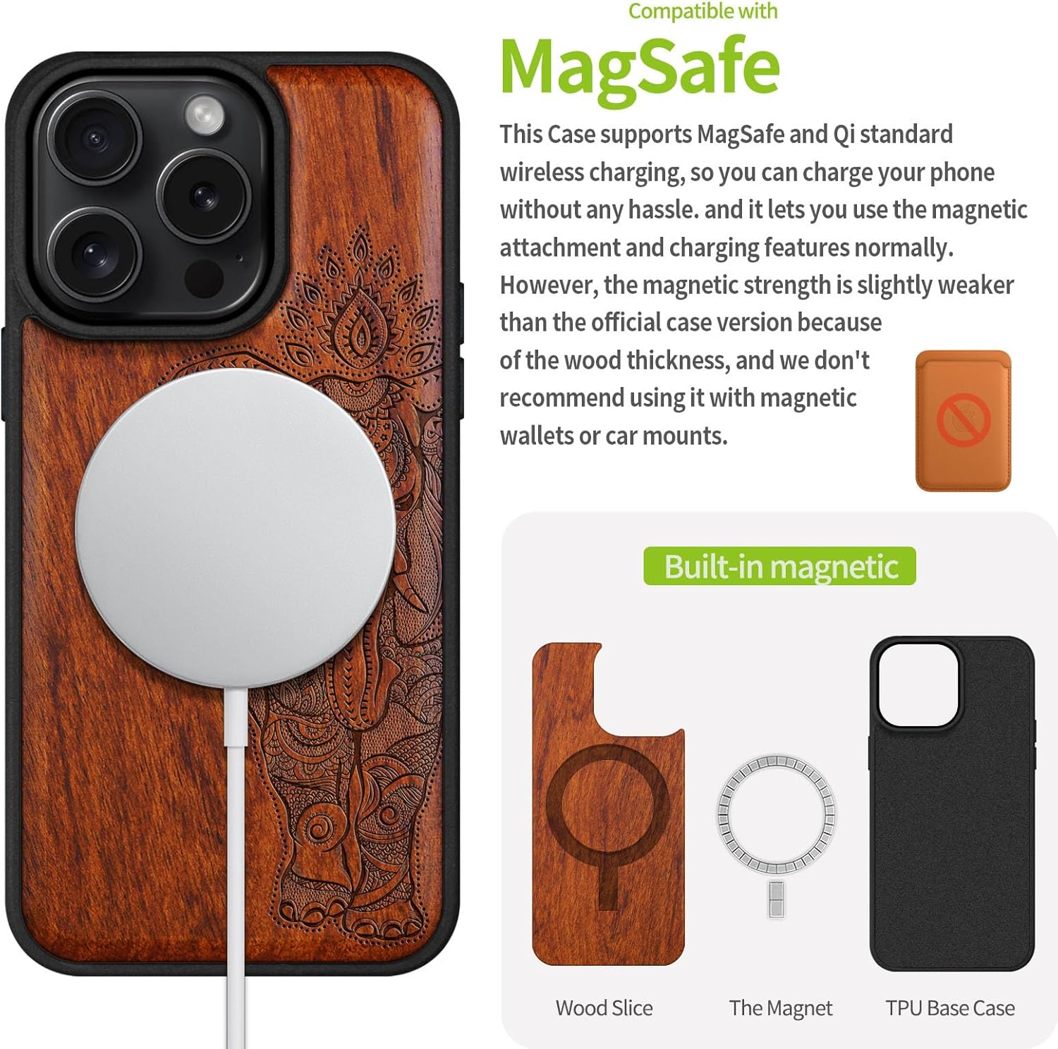Carveit Magnetic Wooden Case for iPhone 16 Pro Case, Wood Artisan Engraved & Black Soft TPU Shockproof Cover, Compatible with MagSafe Wireless Chargers (Indian Lotus Elephant) Rosy
