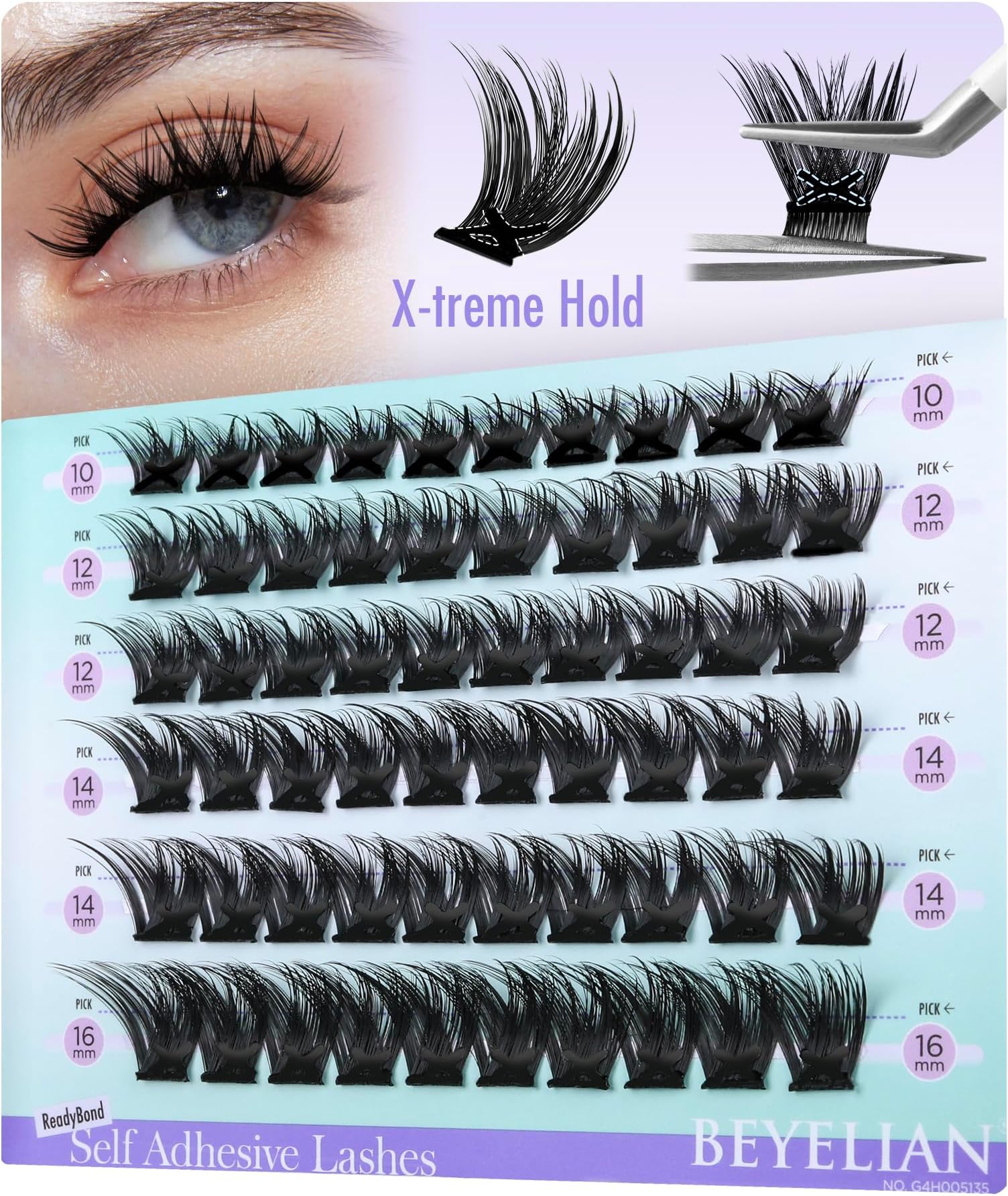 BEYELIAN Self Adhesive Lash Clusters 60Pcs, Pre Glued Eyelashes Cluster D Curl 10-16mm Press On Lashes, No Glue Needed Wispy Lash Clusters DIY Self Stick Eyelashes