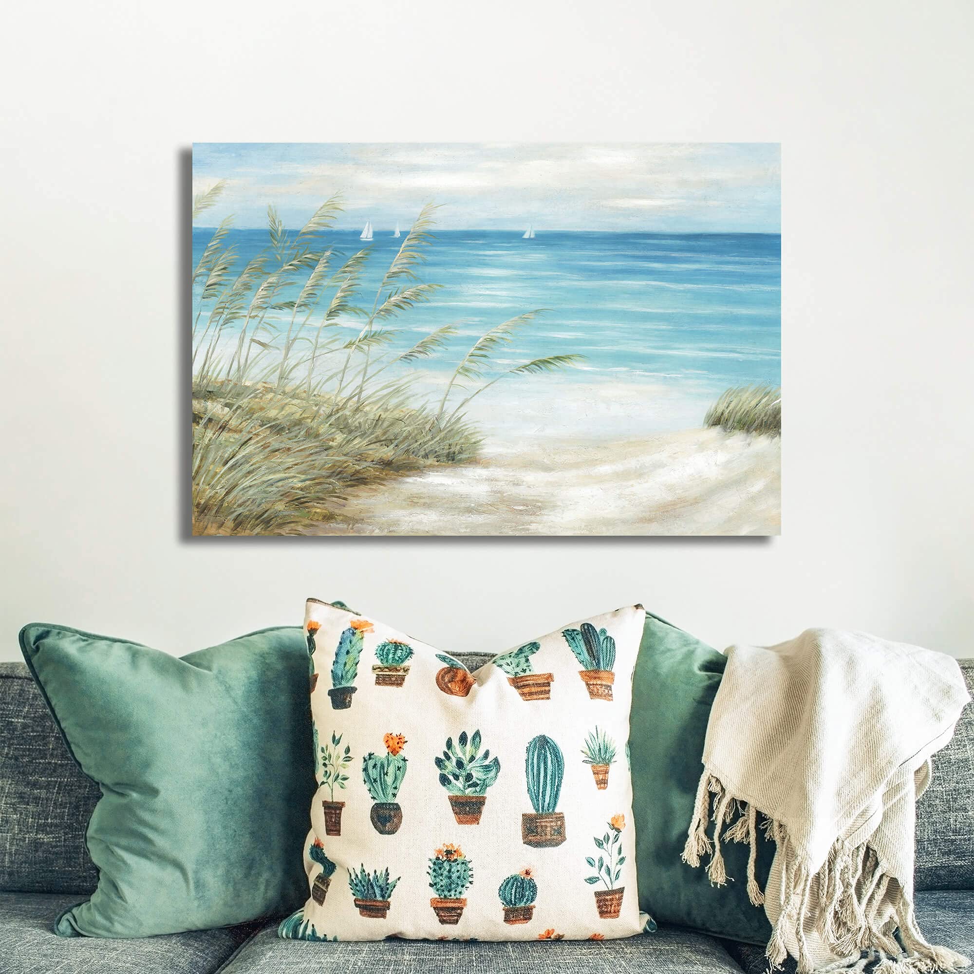 Coastal Beach Canvas Wall Art: Abstract Seascape Path Artwork Elegant Blue Ocean Scene Painting Large Sea Nature Office Prints Seaside Picture for Bedroom Bathroom Living Room
