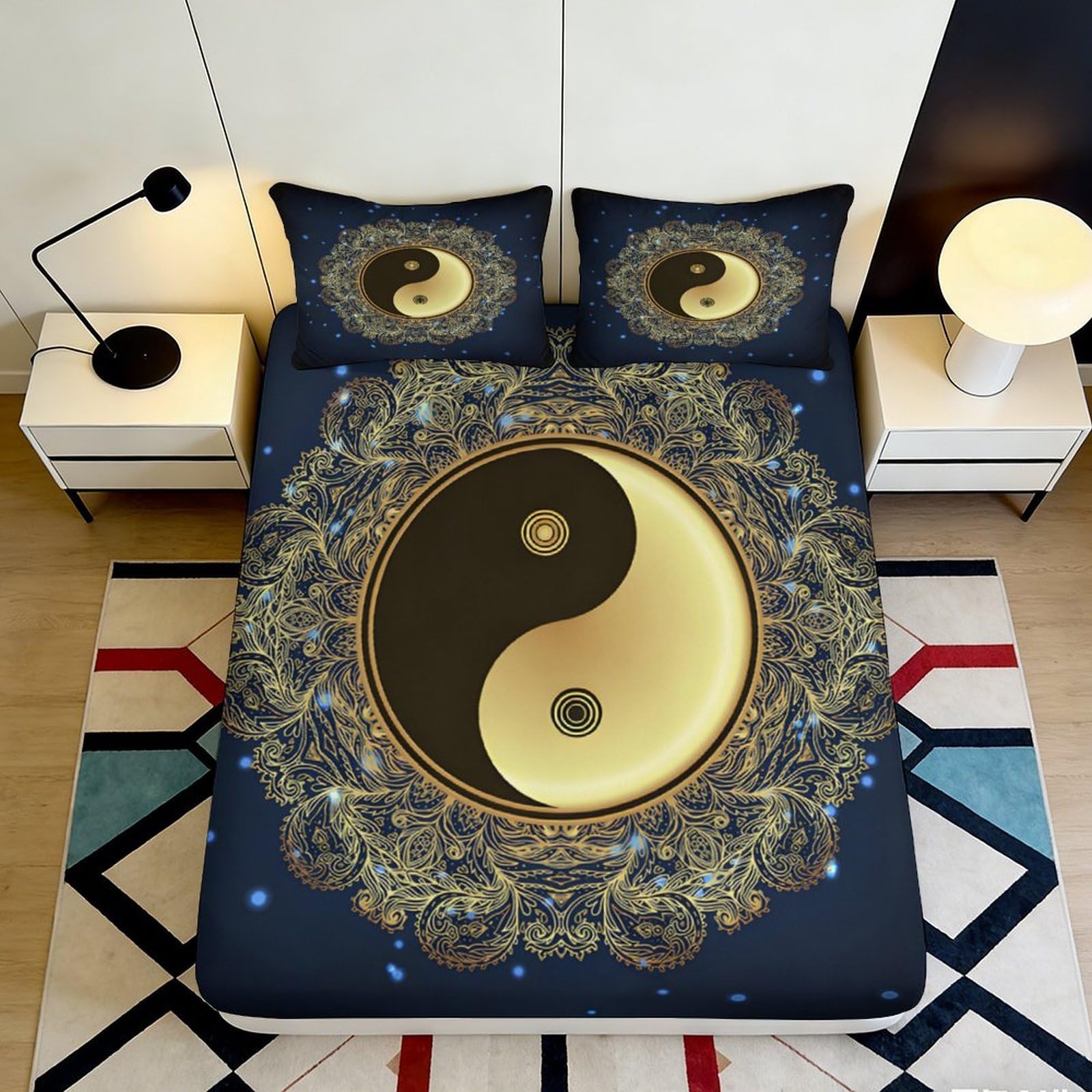 3D Printed Yin Yang Fitted Sheet Microfiber Deep Pocket Non-Slip Bedroom Bedding Yin Yang Mattress Fitted Cover Washable Elastic Hem 200x200x25cm