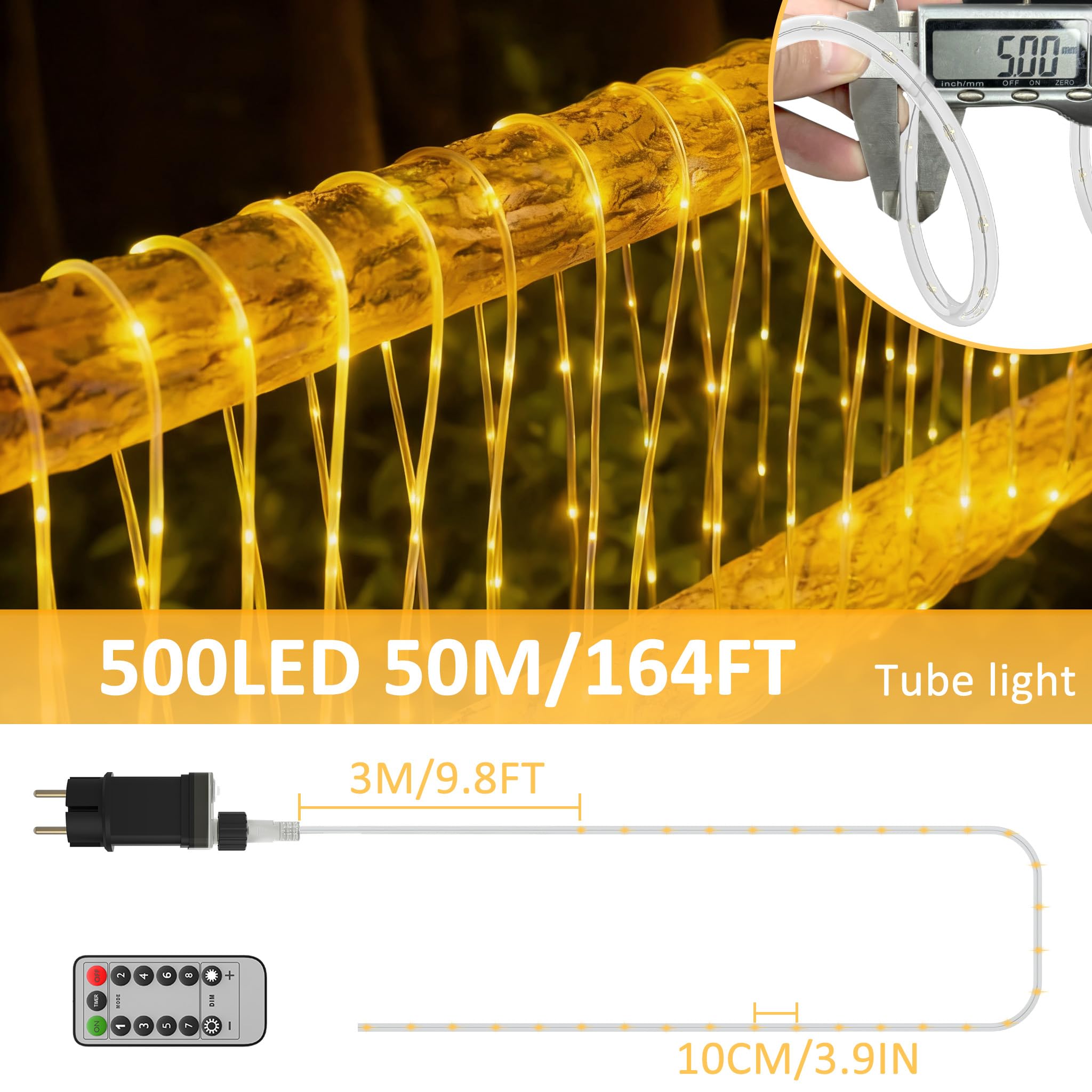 50 m, 500 diod LED, możliwość ściemniania, łańcuch świetlny LED z 8 trybami pracy i timerem, wąż zewnętrzny, klasa wodoszczelności IP44, Boże Narodzenie, oświetlenie dekoracyjne, oświetlenie