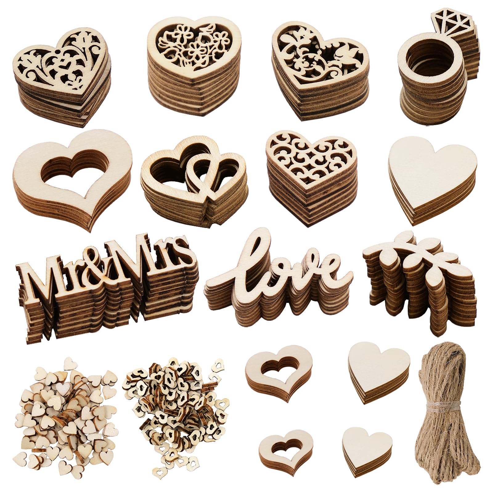 394Pcs Wooden Heart Embellishments,Mix Wooden Shaped Heart Set - Decorations for Weddings, Parties, Anniversaries, Personalised Gifts, Arts and Crafts, Confetti, Engagement Banquets Decoration