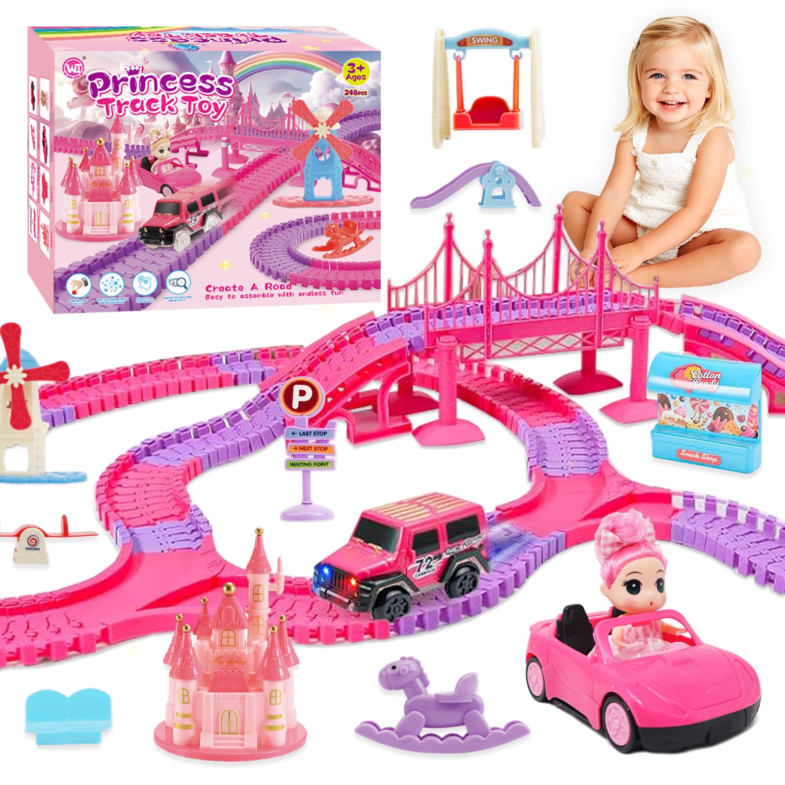 Rocky&Chao Circuit de Voitures Jouet 248 pièces avec poupée, Piste Flexible Rose avec Voitures, Jeu Enfant Fille dès 3 4 5 6 Ans