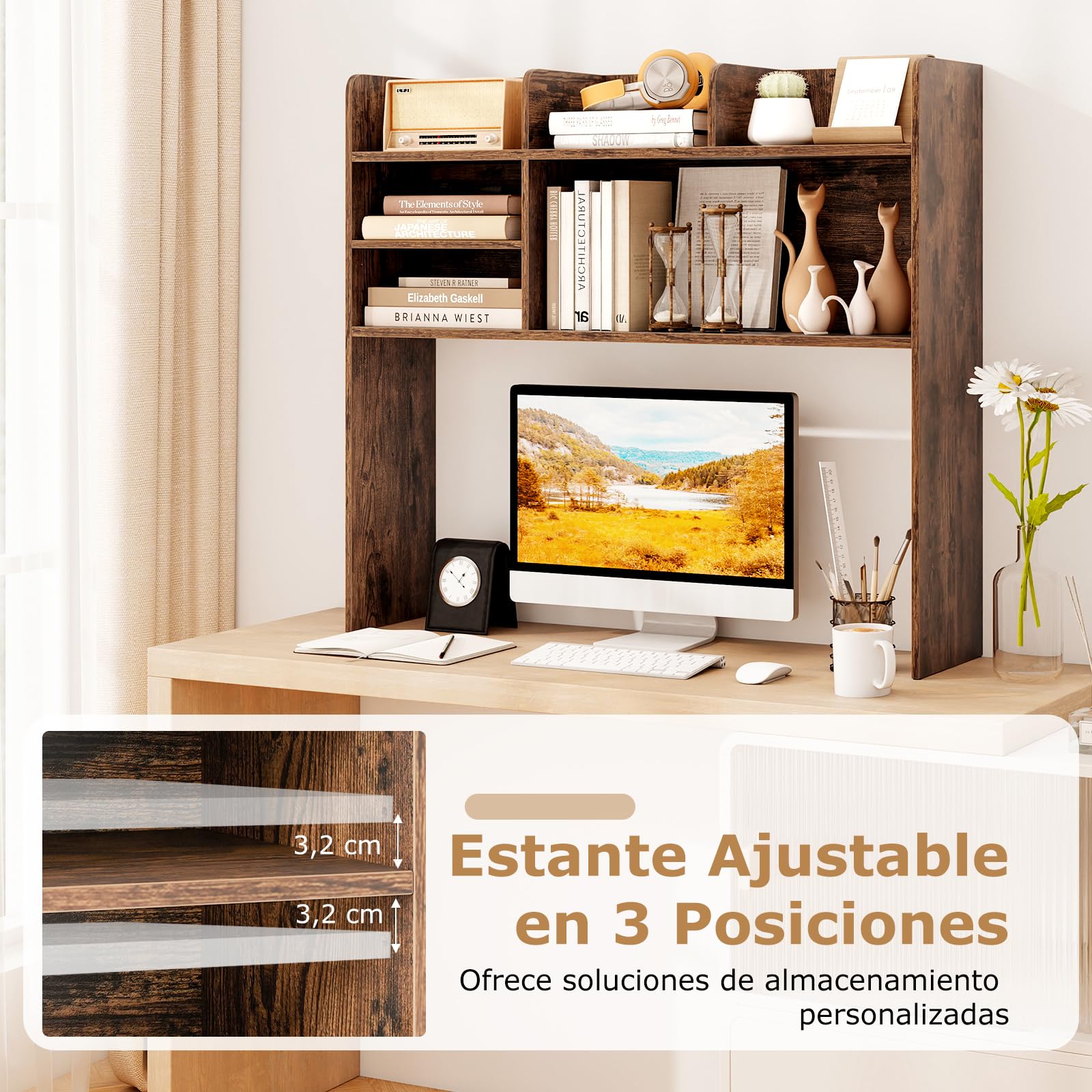 GIANTEX Estantería de Escritorio con 6 Estantes Abiertos, Mueble Organizador sobre Mesa con Kit Antivuelco, 94 x 24 x 85 cm, Estante Ajustable, para Plantas, Libros, Comésticos (Marrón)