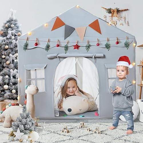 Miniatura 27 de Besrey Tienda de campaña para niños 2 en 1 con alfombrilla acolchada y luces, casa de juegos grande para niños con 2 puertas y 4 ventanas