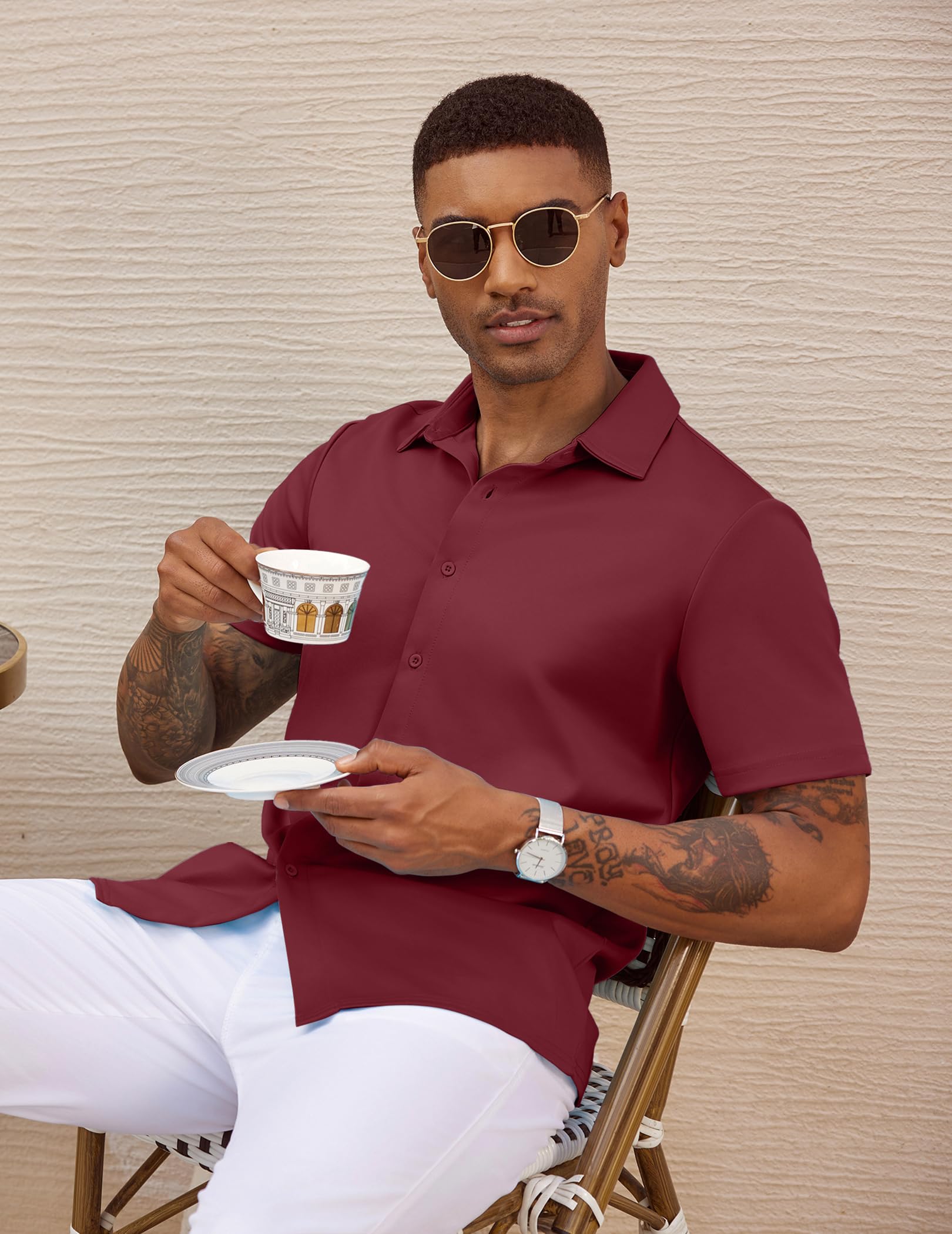 Coofandy Chemise décontractée sans Plis à Manches Courtes pour Homme - Chemise d'été Extensible