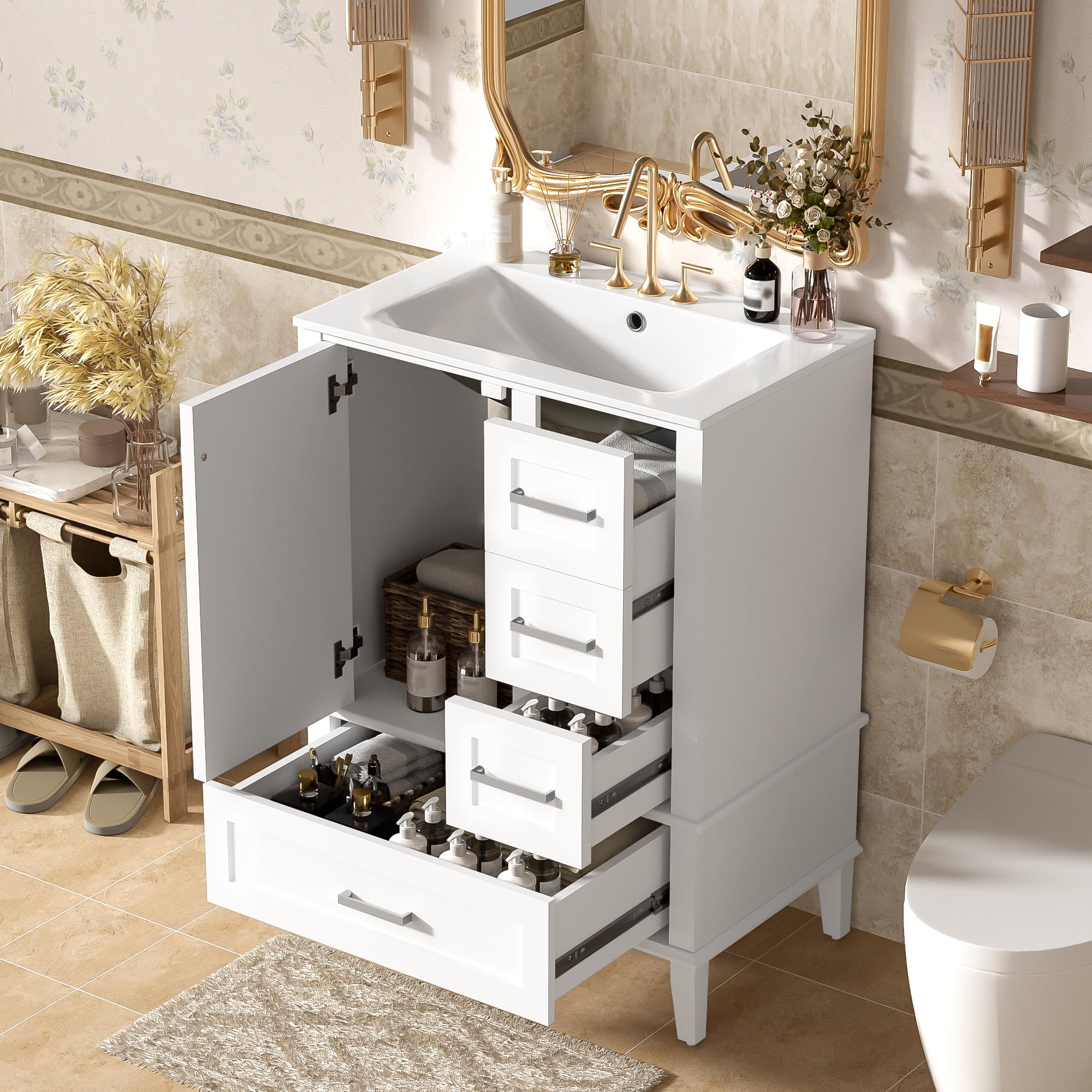 favfurish 24.8" bathroom vanity with ceramic sink, freestanding bathroom cabinet with soft-close door, 3 drawers & spacious storage, solid wood frame and mdf, modern white vanity for small bathrooms (only sink)