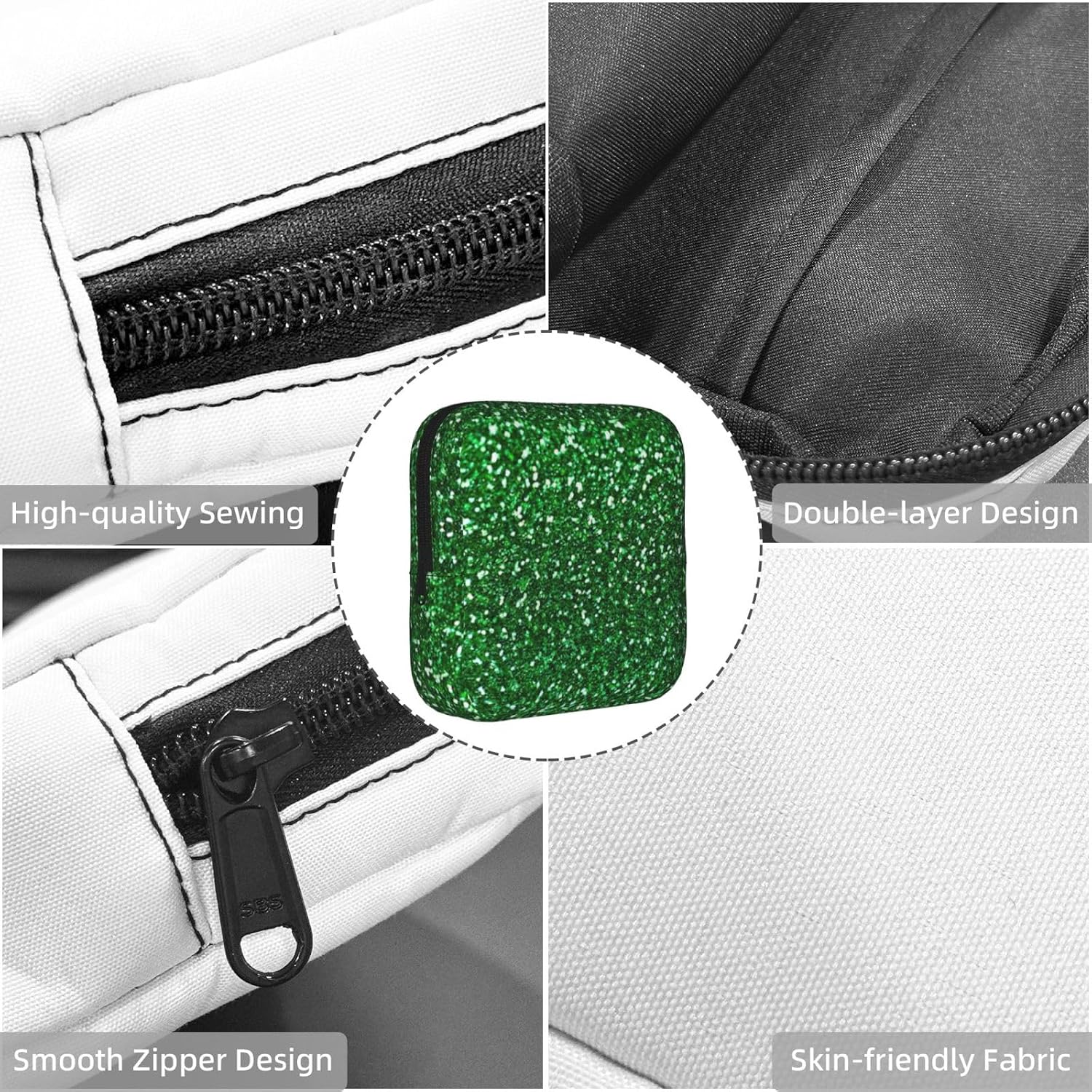 Green Sequin Sparkle Print Women Period Bag Sanitary Pouch Portable Pad Pouch Tampon Holder Small Zipper Pouch Storage Bag