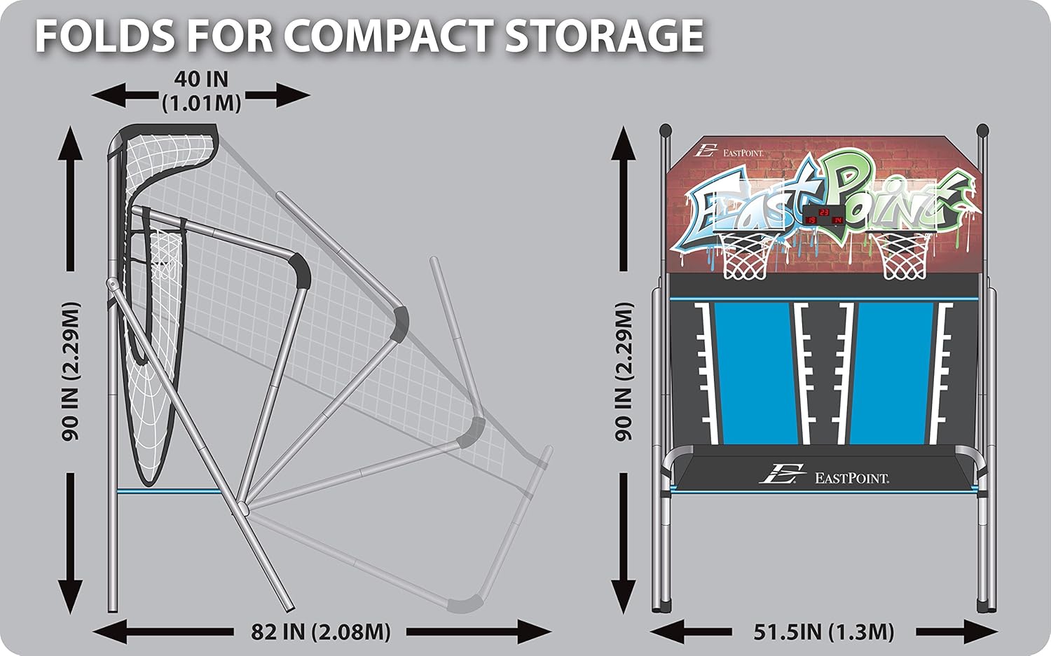 Diagram showing the basketball game folded for compact storage