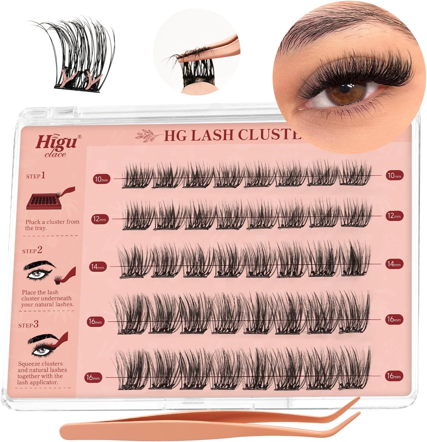 Pre-Glued-Eyelashes Natural Look, Higu Clace Pre-Glued Lashes Mix10-16mm, Self-Adhesive-Cluster Lashes D Curl, Press On Eyelashes No Glue, Preglued Eye Lashes with Lash Tweezer(Natural 01-10-16MM)