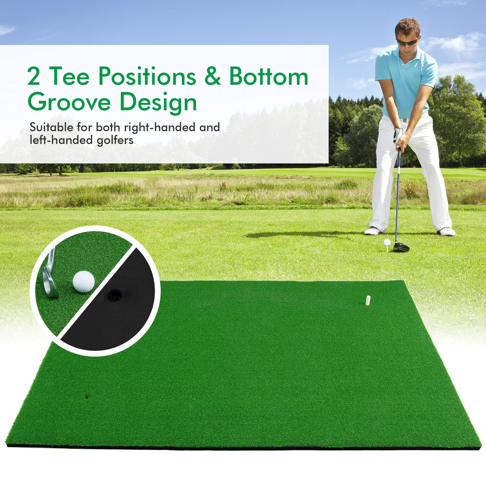 FANTASK Golf Training Matte, 150 x 100cm, Golf Abschlagmatte inkl. 3 Gummi-Tees, Golfmatte mit 2 Abschlagpositionen, Golf Rasen Übungsmatten für Indoor und Outdoor