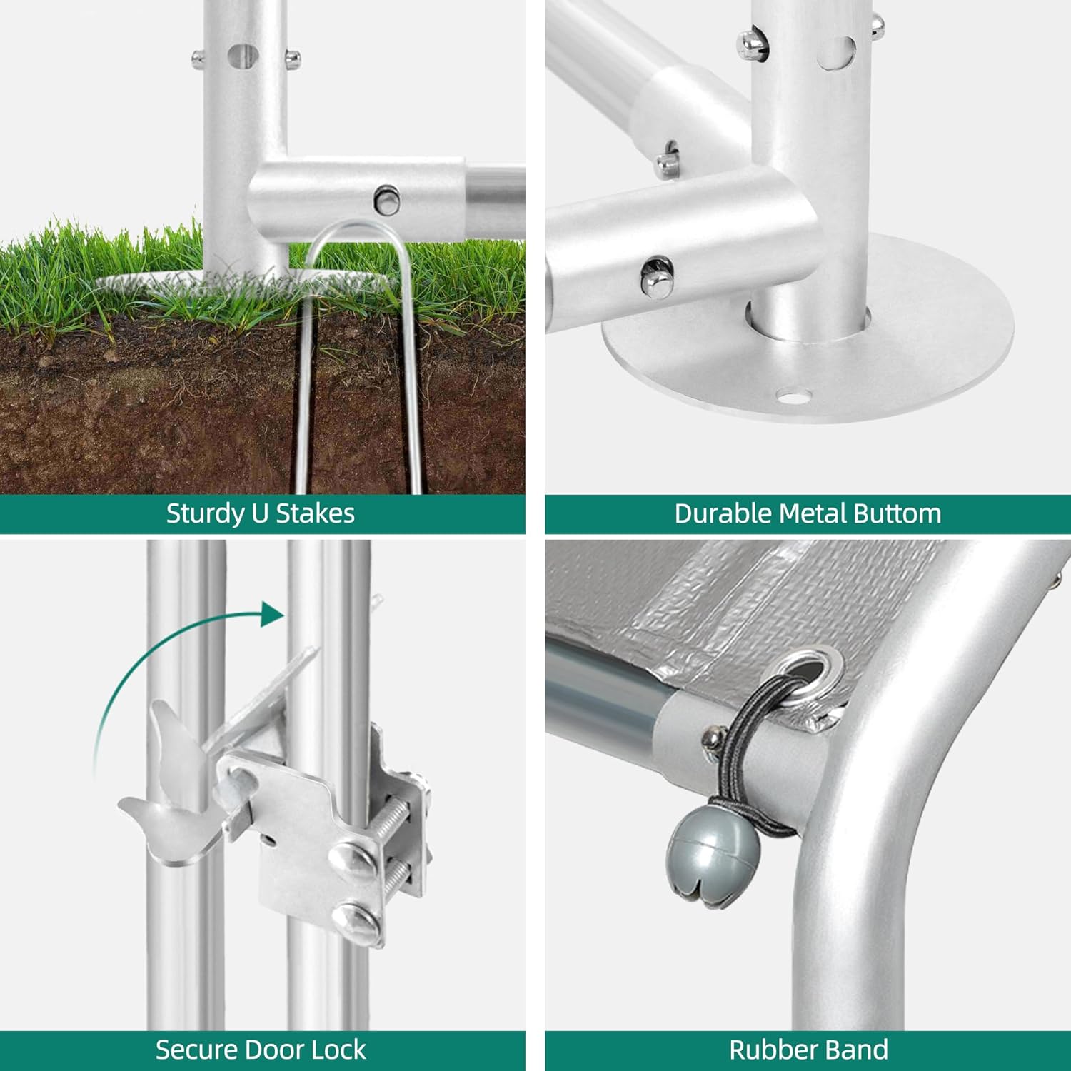 Four detailed close-ups: Sturdy U-Stakes anchoring the frame, Durable Metal Bottom plate, Secure Door Lock, and Rubber Band securing the cover.