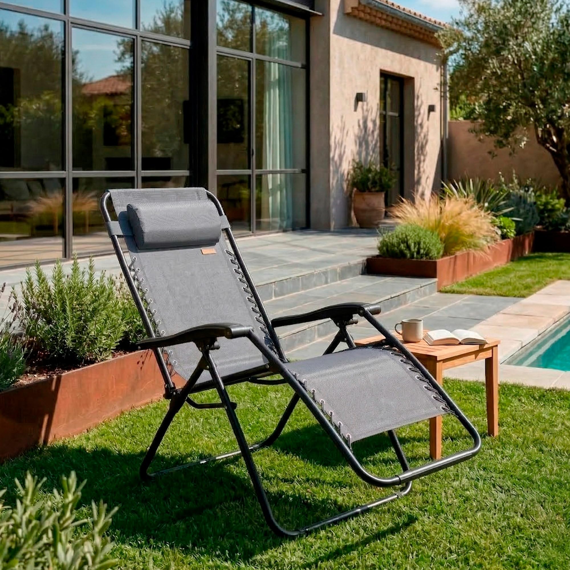 AKTIVE Tumbona jardín plegable, Color gris, 52x68x104 cm, Gravedad cero, Estructura acero, Tejido textileno, Soporta 110 kg, Antivuelco, Cojín acolchado, Hamaca terraza exterior (61166)