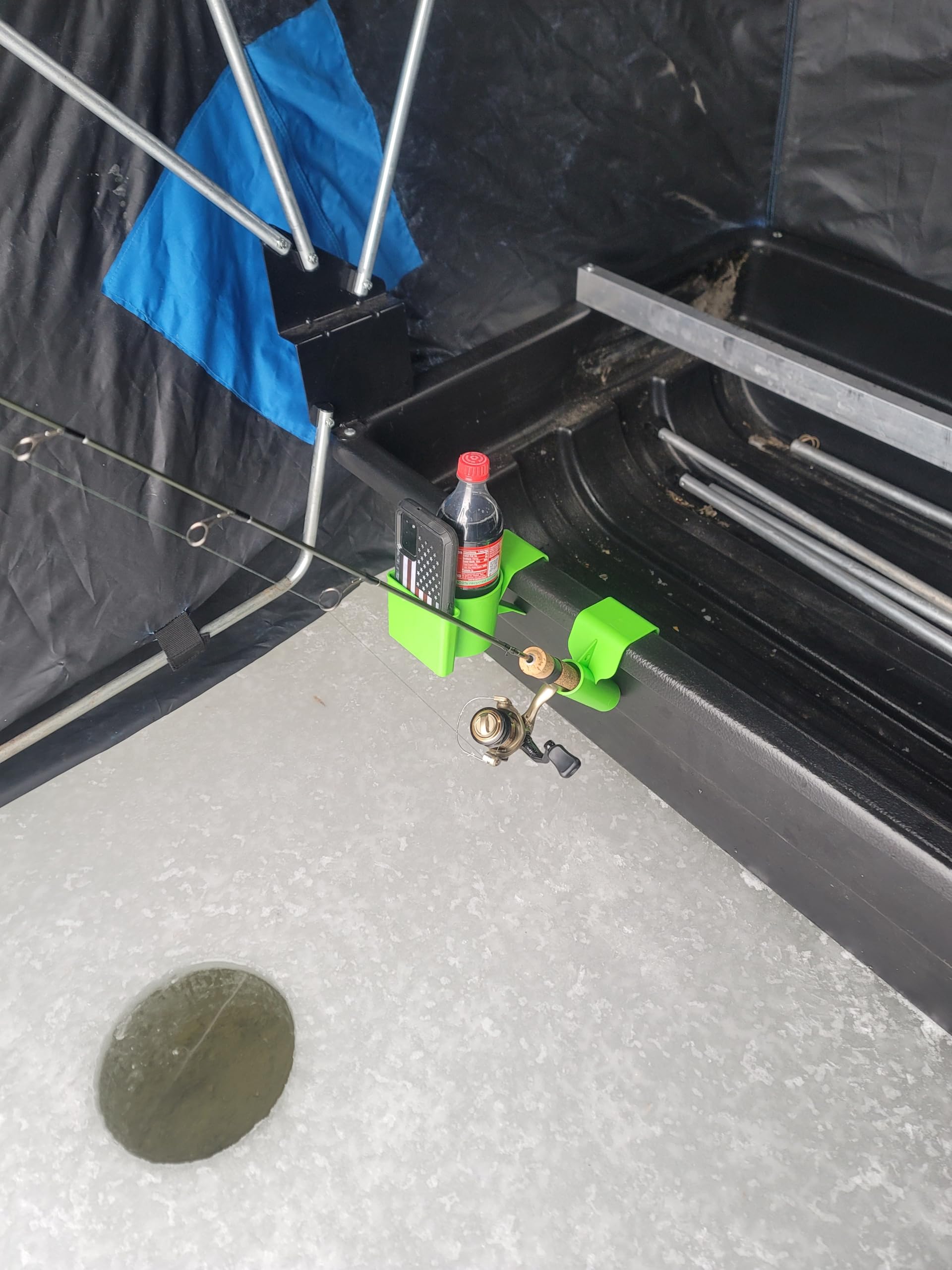 Lakco Bright Green Fishing Rod Holder & Phone/Drink Tool Holder Combo for Sleds & Buckets